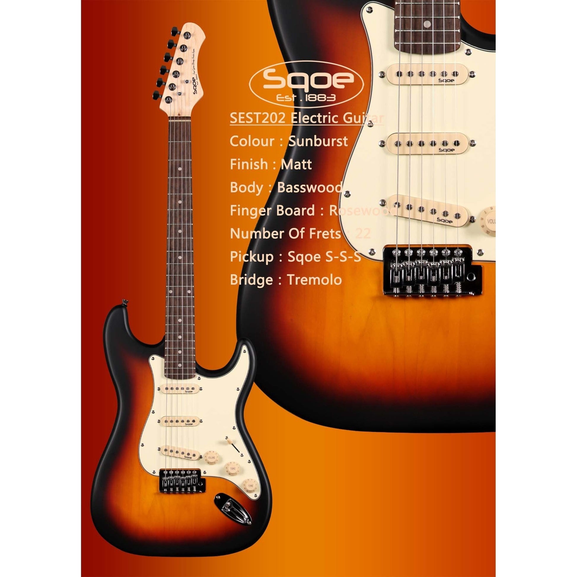 Đàn Guitar Điện Sqoe Stratocaster SEST202, Sunburst