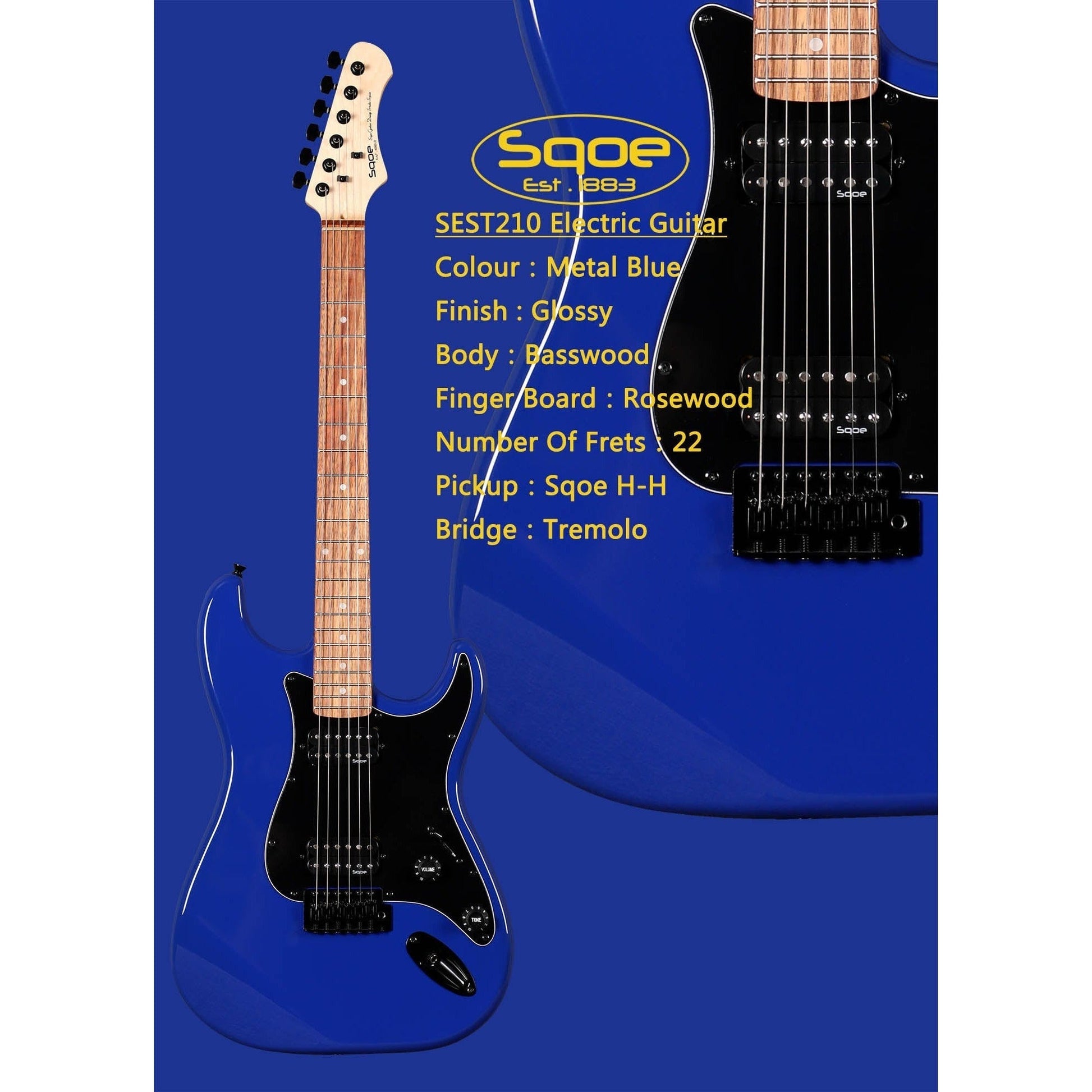 Đàn Guitar Điện Sqoe Stratocaster SEST210, Metal Blue