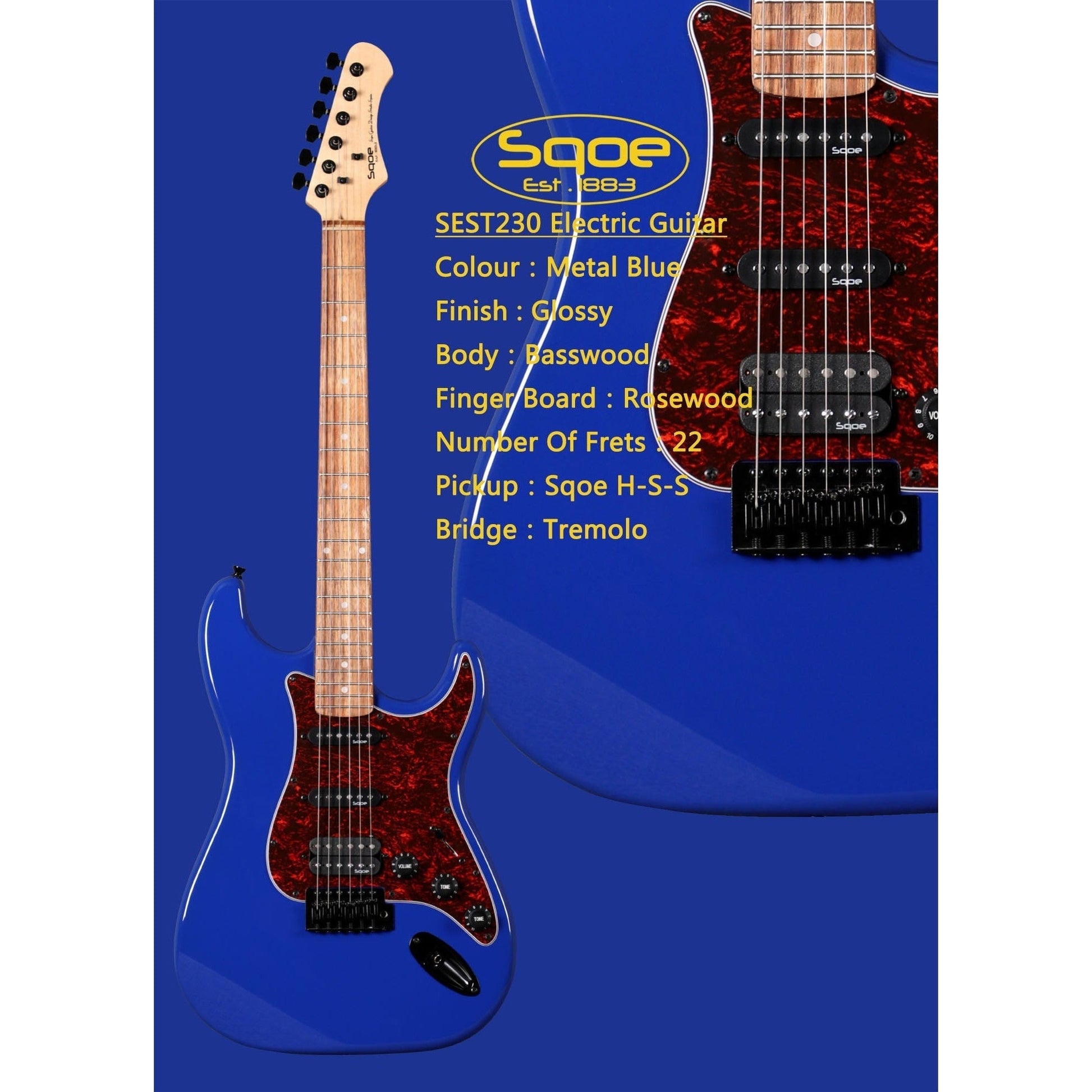 Đàn Guitar Điện Sqoe Stratocaster SEST230, Metal Blue