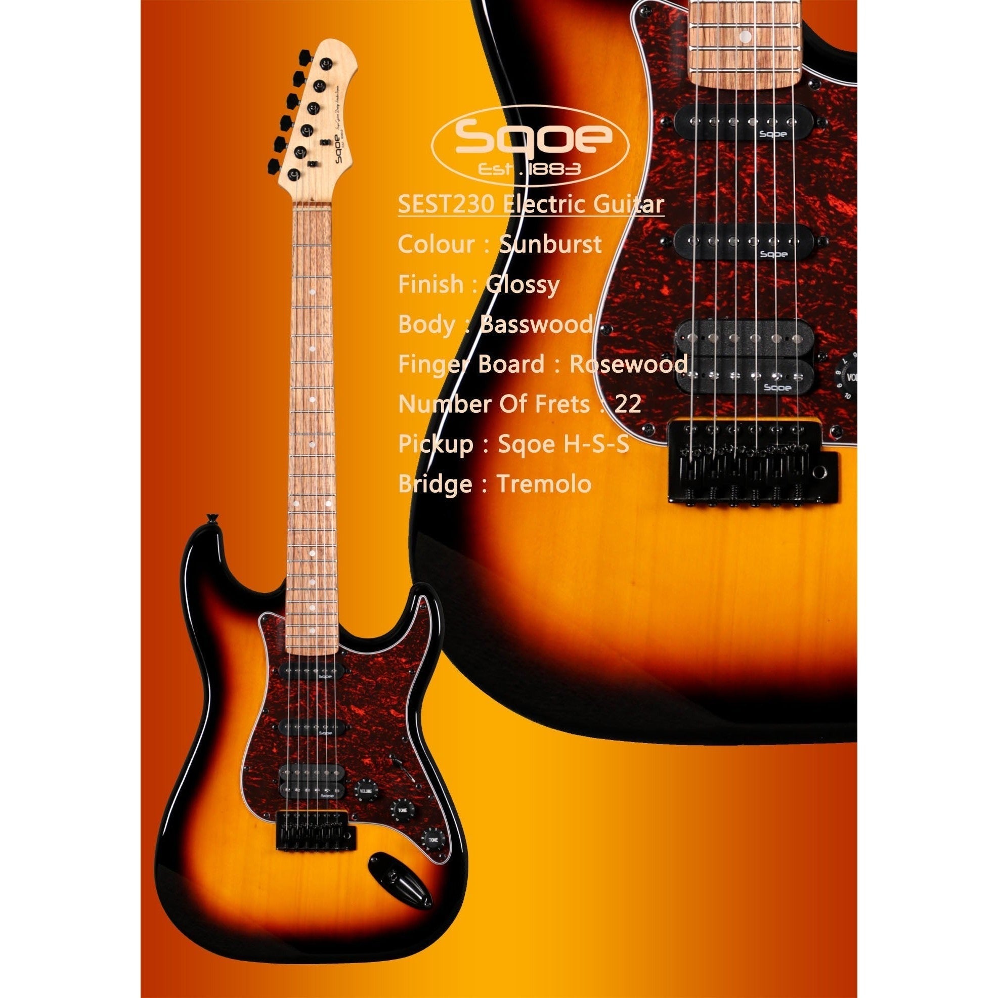 Đàn Guitar Điện Sqoe Stratocaster SEST230, Sunburst