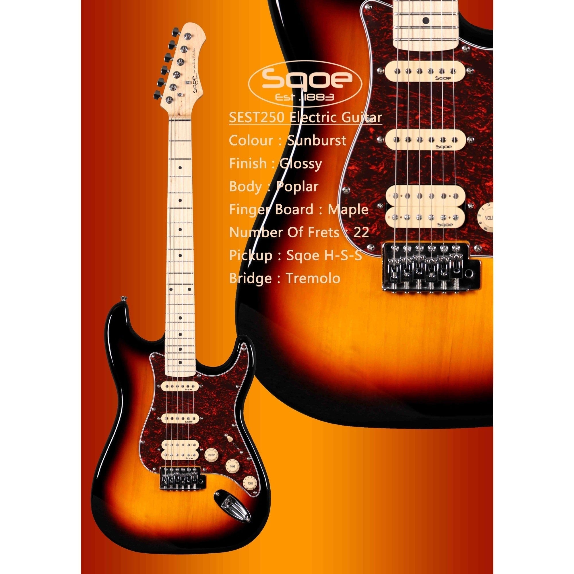 Đàn Guitar Điện Sqoe Stratocaster SEST250, Sunburst