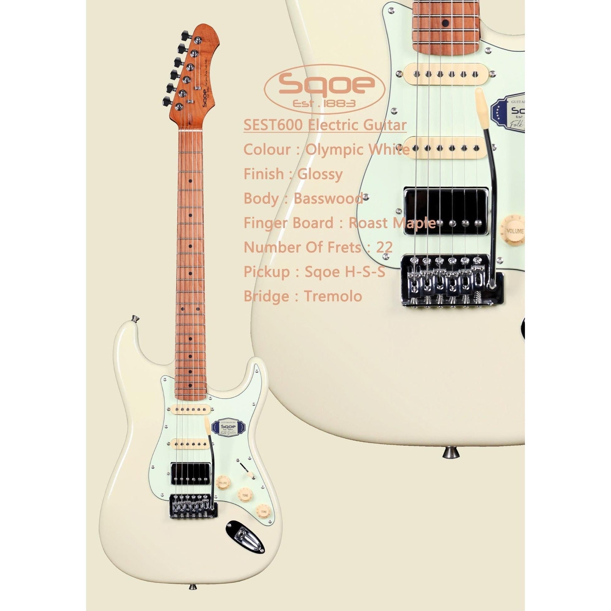Đàn Guitar Điện Sqoe Stratocaster SEST600, Olympic White