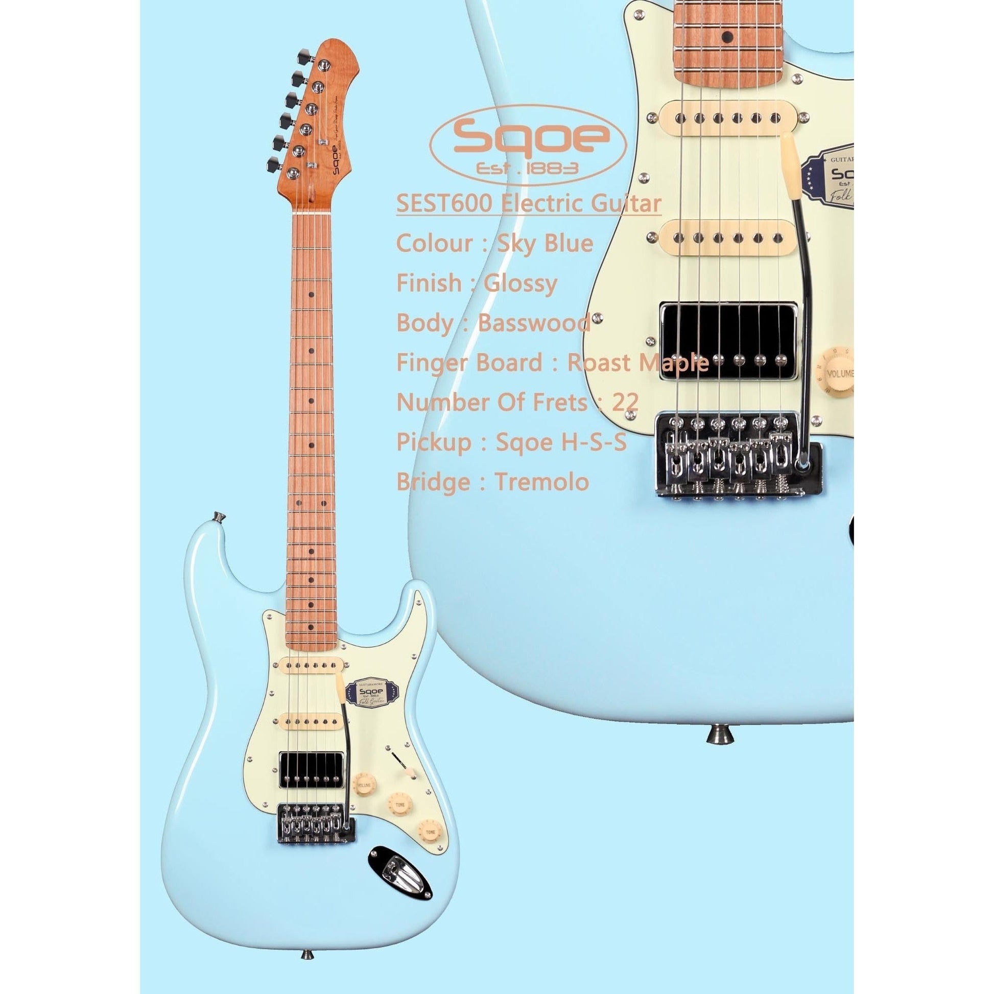 Đàn Guitar Điện Sqoe Stratocaster SEST600, Sky Blue