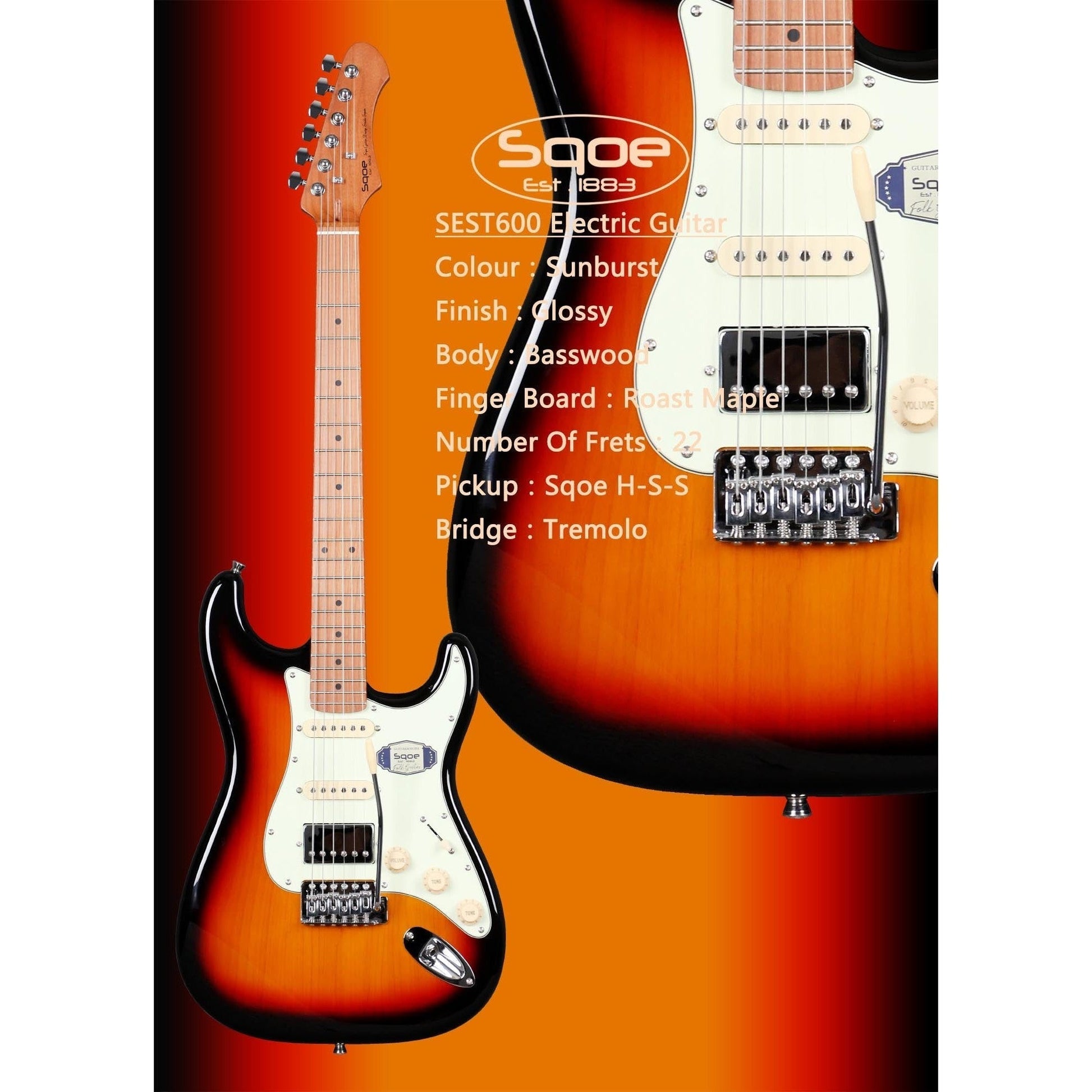 Đàn Guitar Điện Sqoe Stratocaster SEST600, Sunburst