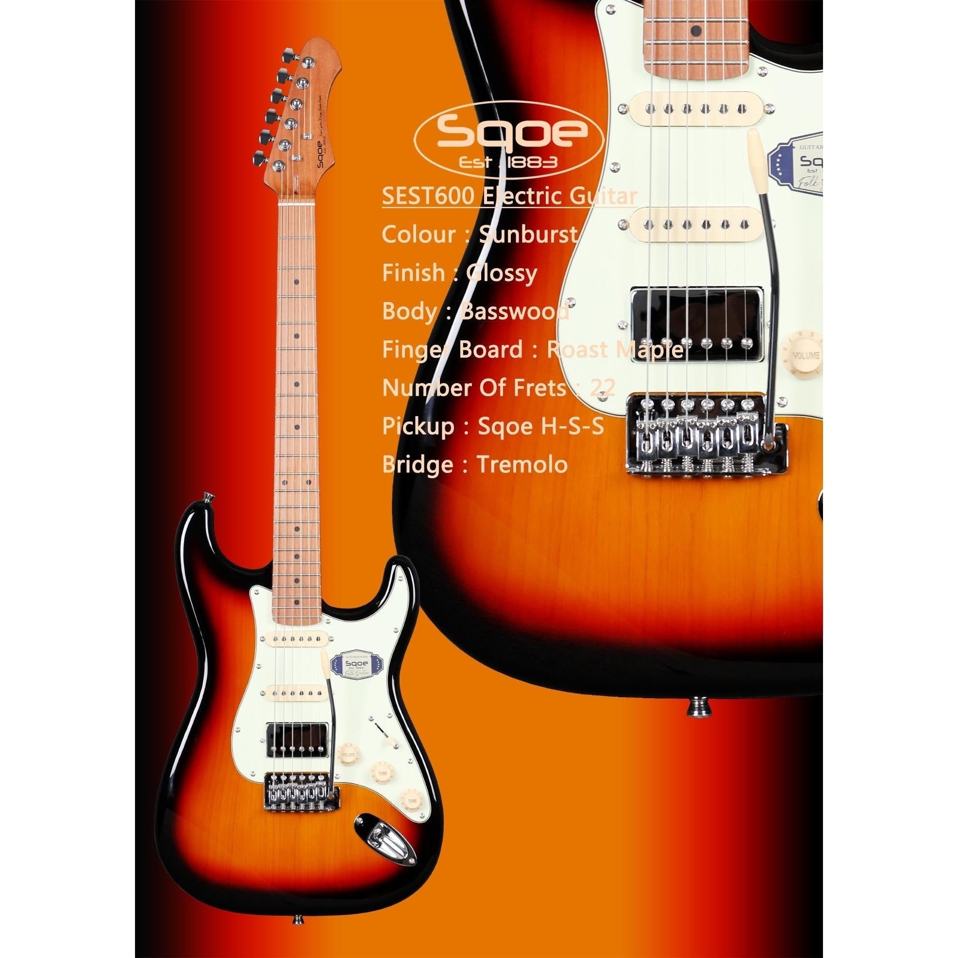 Đàn Guitar Điện Sqoe Stratocaster SEST600, Sunburst