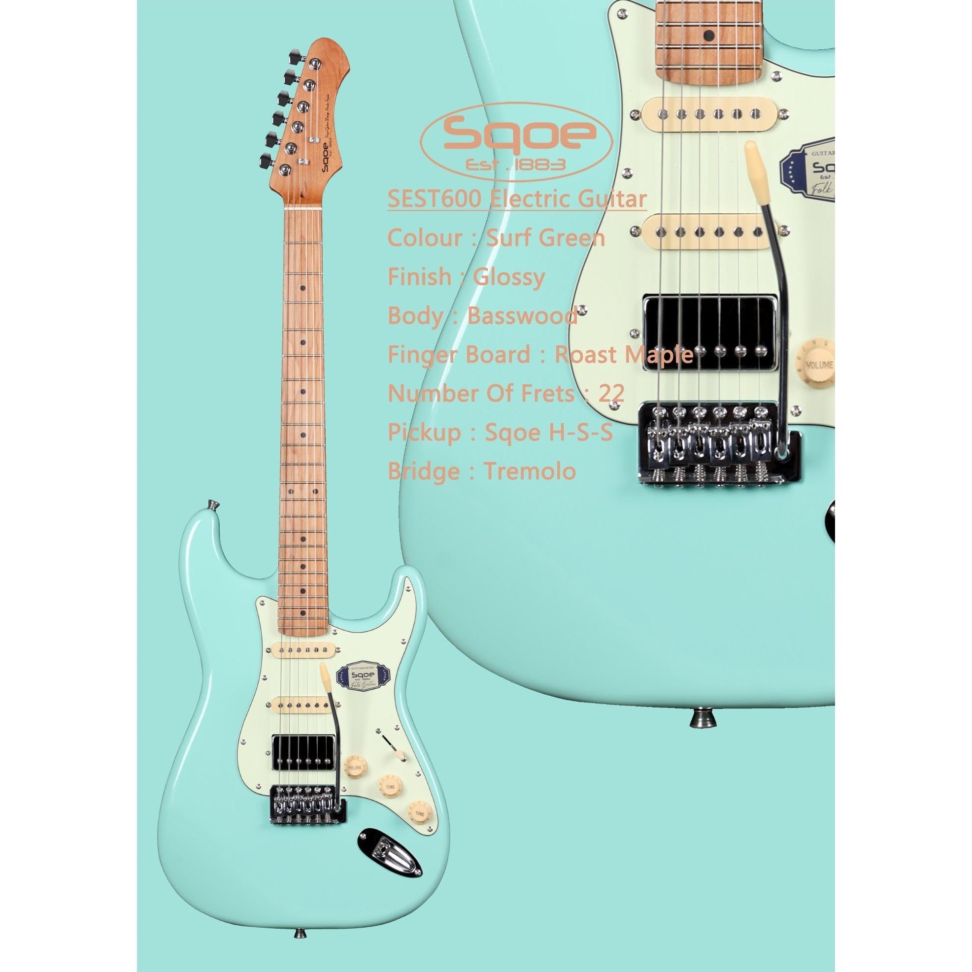 Đàn Guitar Điện Sqoe Stratocaster SEST600, Surf Green