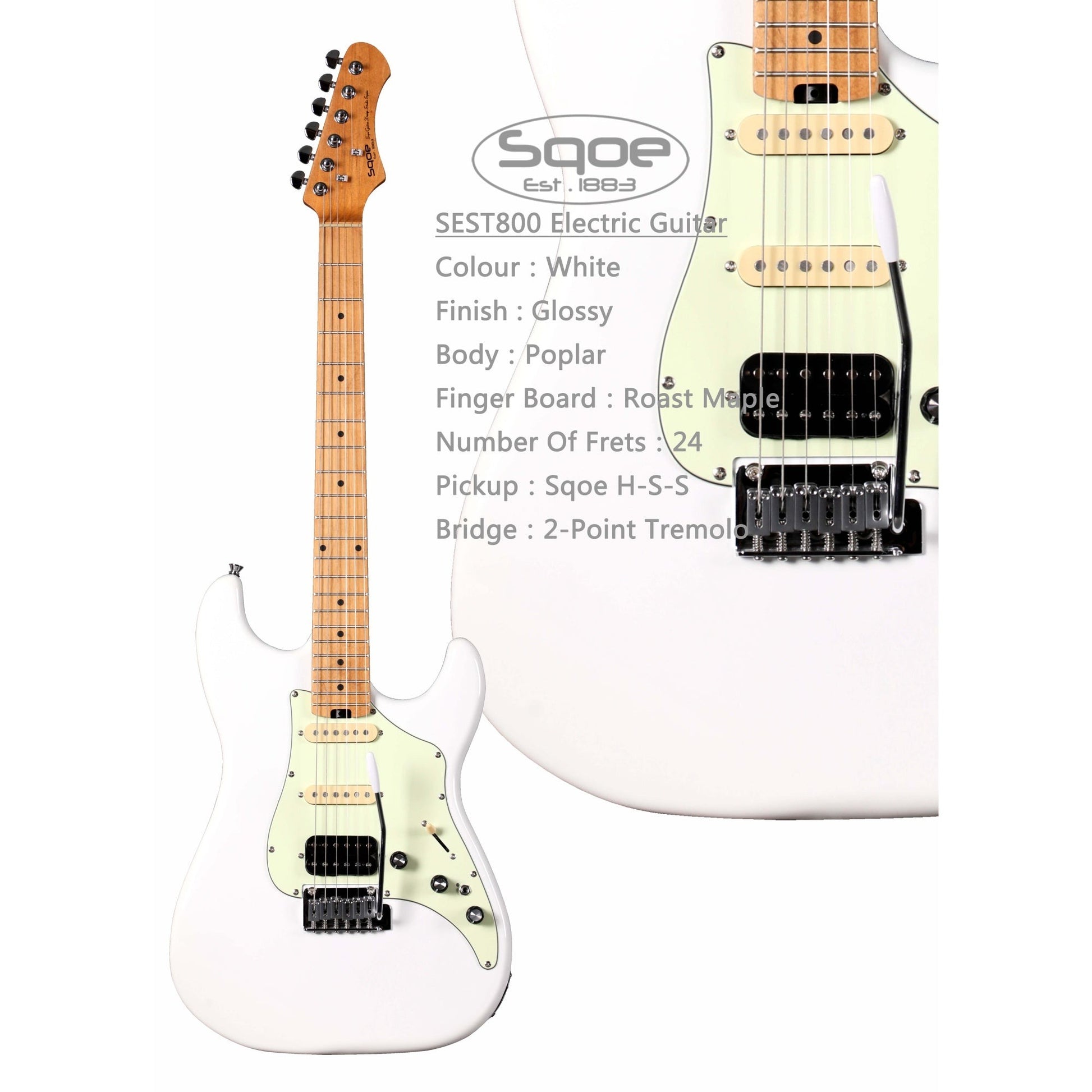 Đàn Guitar Điện Sqoe Stratocaster SEST800, White