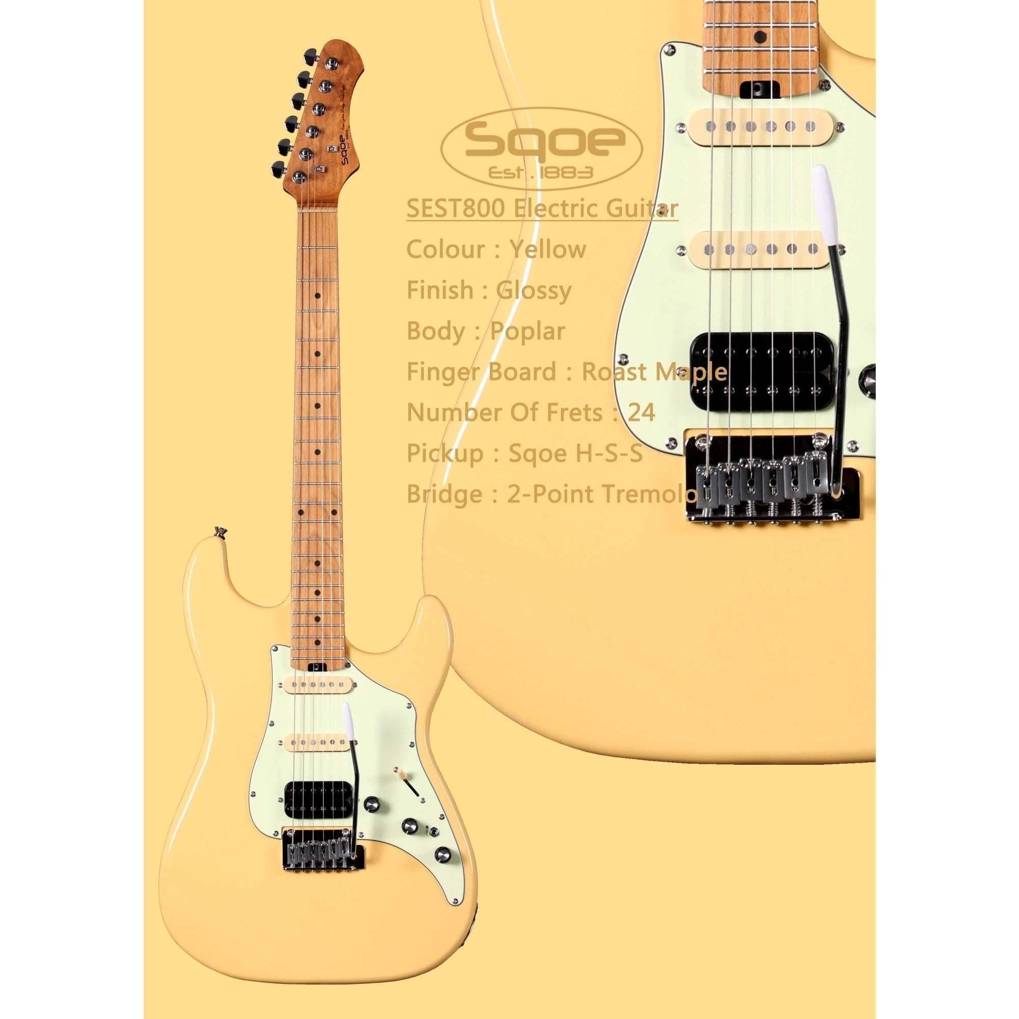 Đàn Guitar Điện Sqoe Stratocaster SEST800, Yellow
