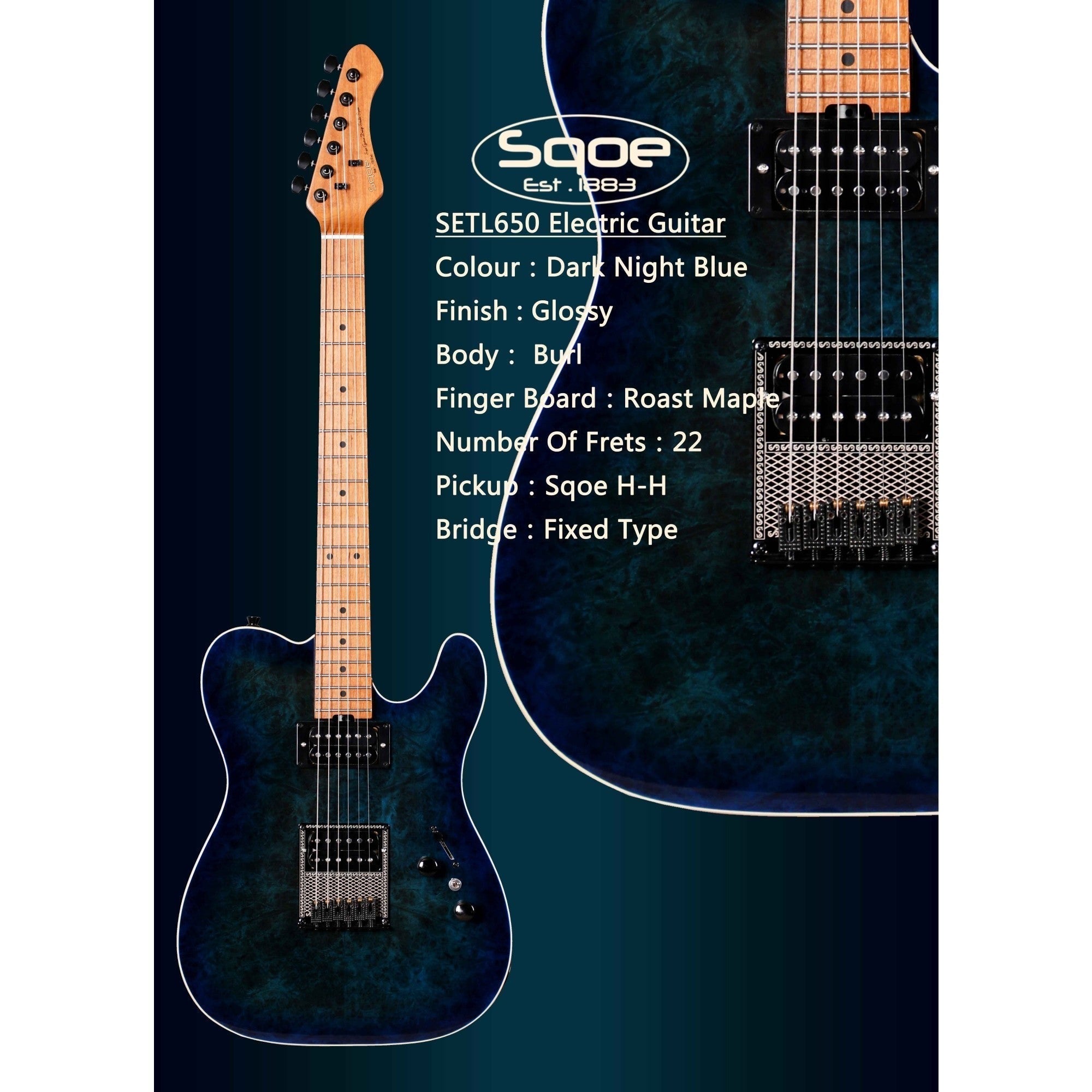 Đàn Guitar Điện Sqoe Telecaster SETL650, Dark Night Blue