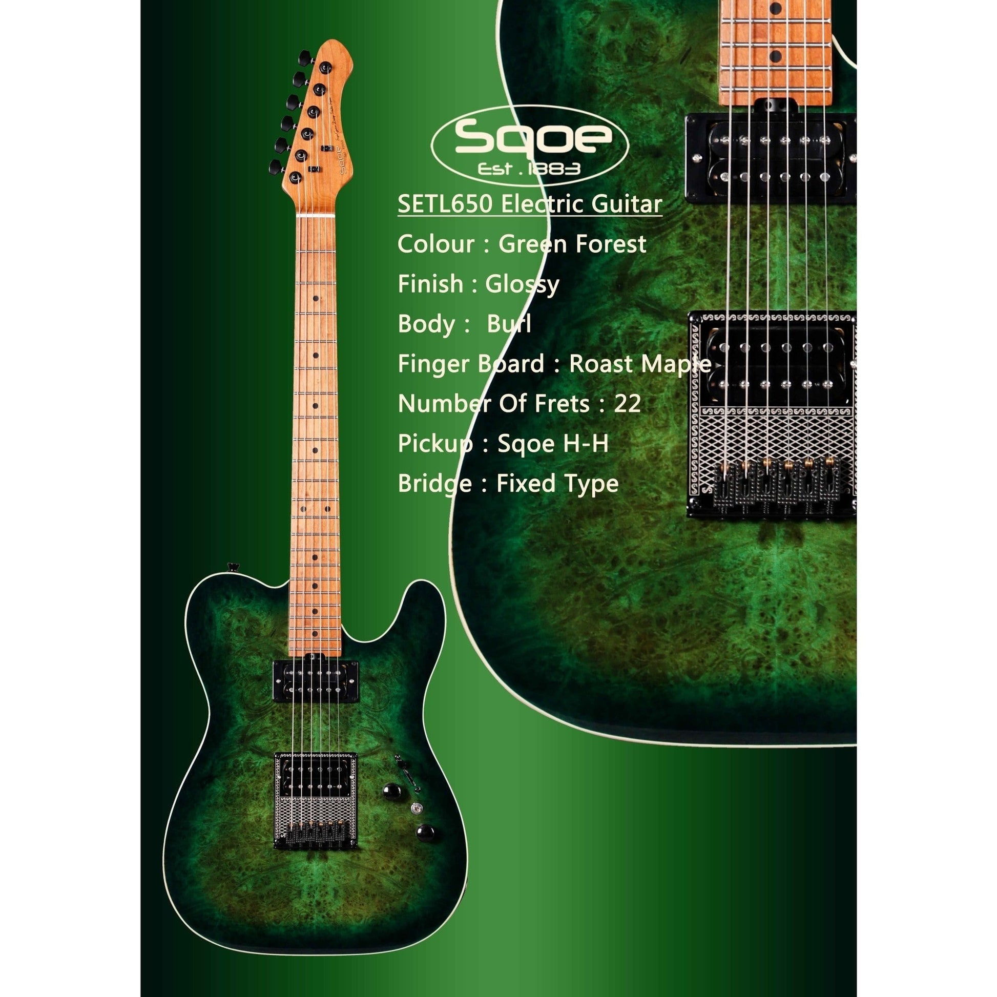 Đàn Guitar Điện Sqoe Telecaster SETL650, Green Forest