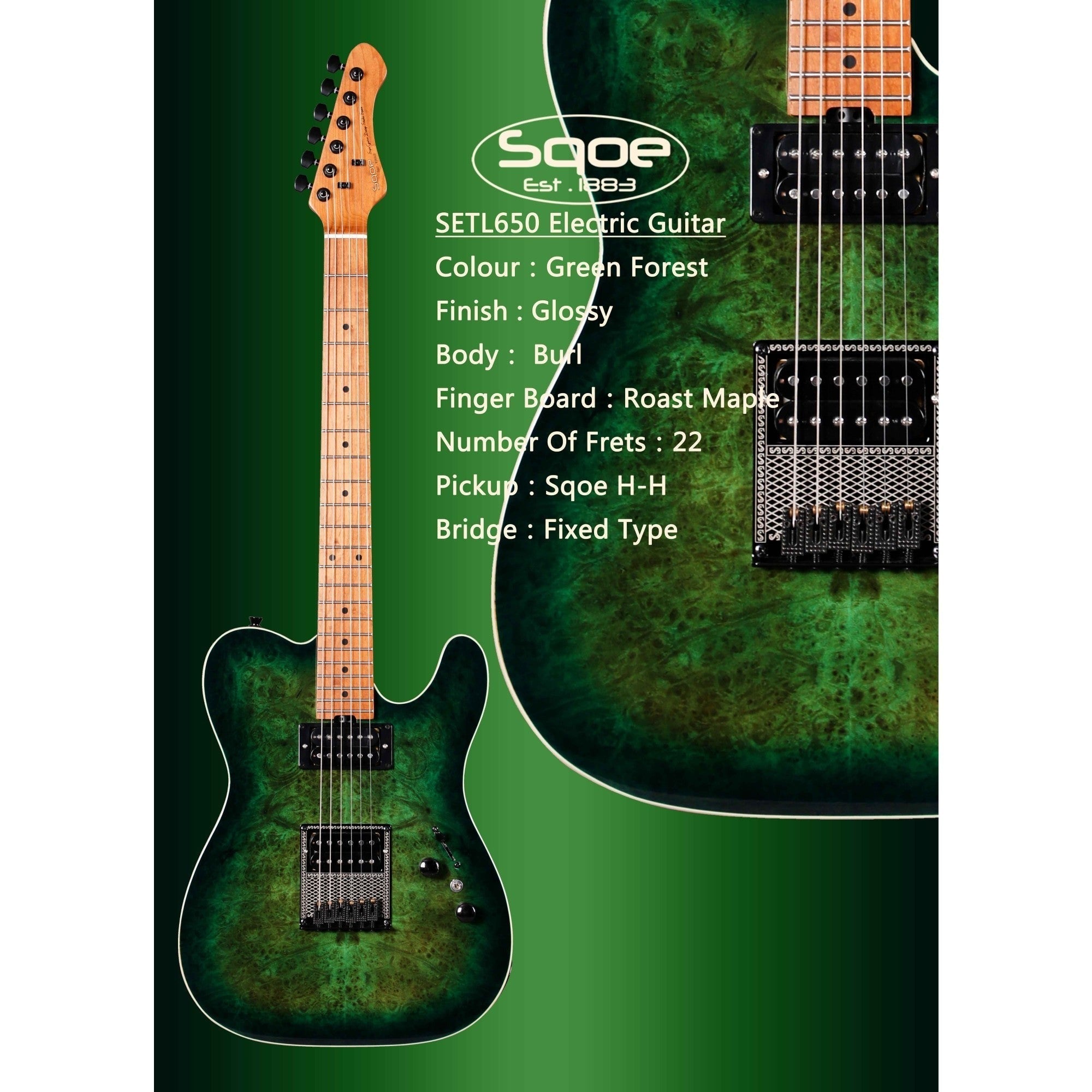 Đàn Guitar Điện Sqoe Telecaster SETL650, Green Forest