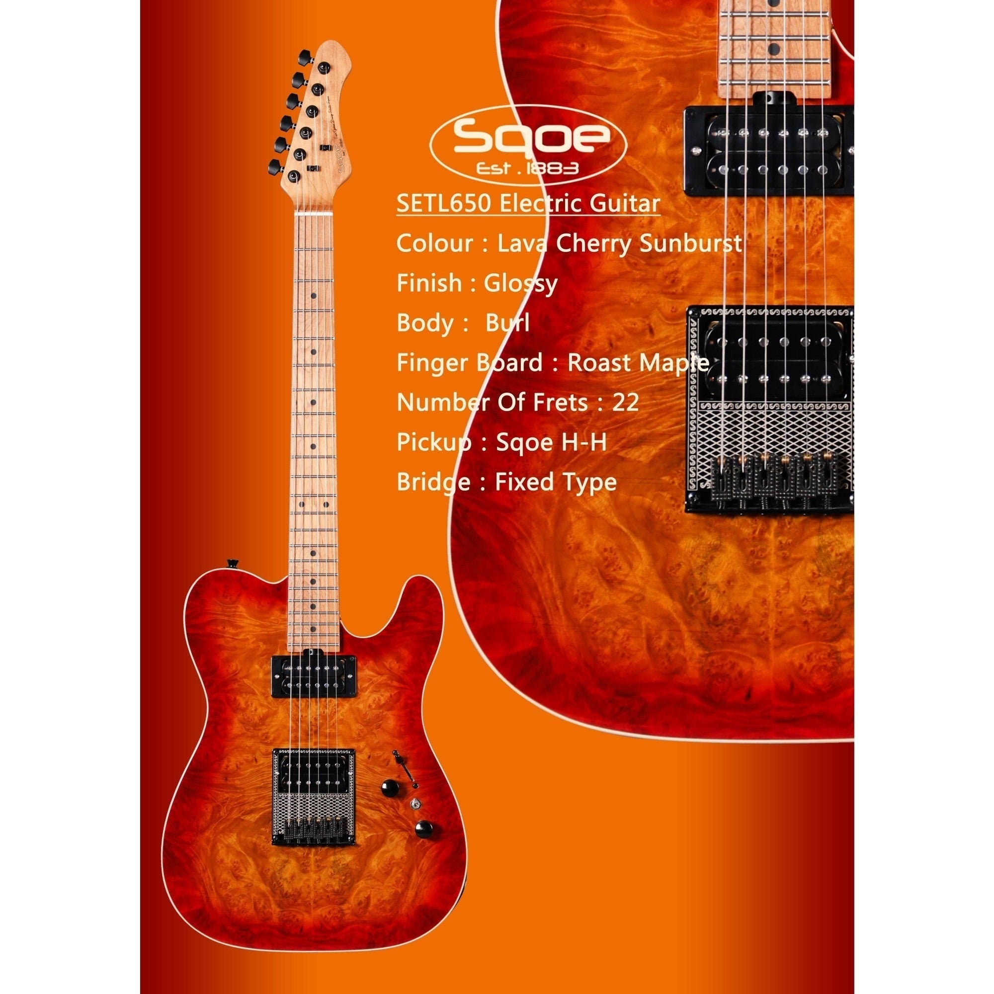 Đàn Guitar Điện Sqoe Telecaster SETL650, Lava Cherry Sunburst