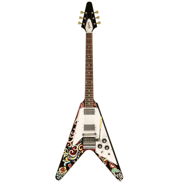 Đàn Guitar Điện Gibson Flying V 2011 Ebony With Jimi Hendrix Psychedelic Custom Paint, Vibrola 