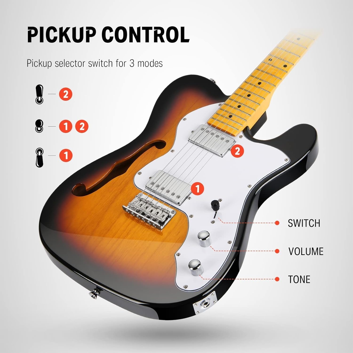 Đàn Guitar Điện Donner DTC-100, Jazz Electric Guitar, TL Thinline F Hole