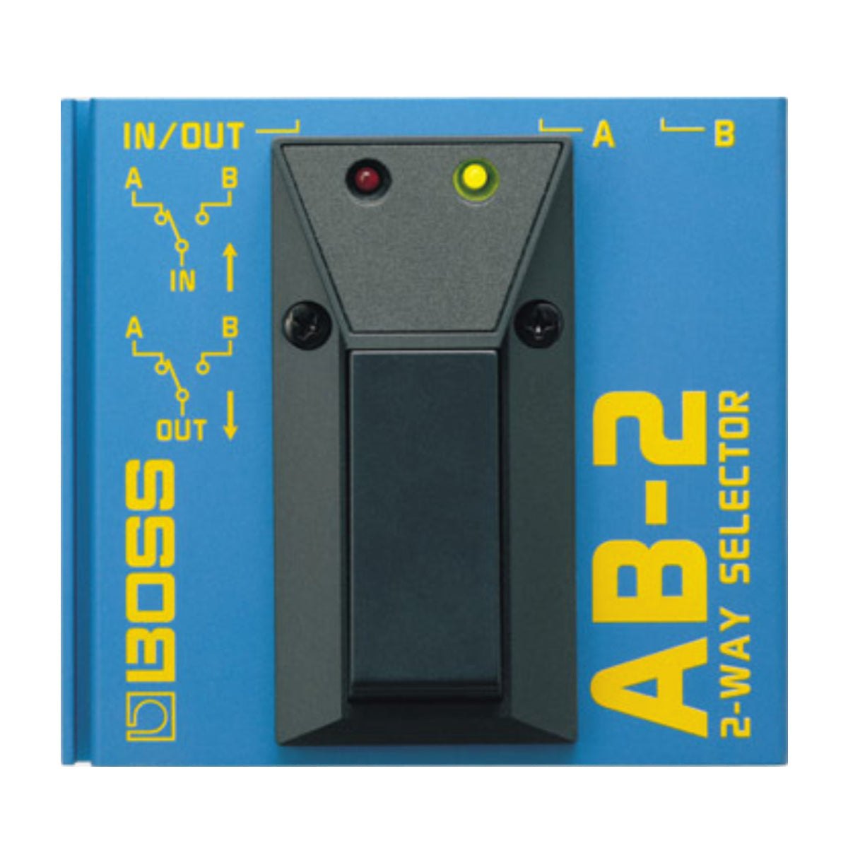 Bộ Chuyển A/B BOSS AB-2 2-Way Selector – mặt trên với công tắc chân, đèn LED A/B và sơ đồ đấu IN/OUT
