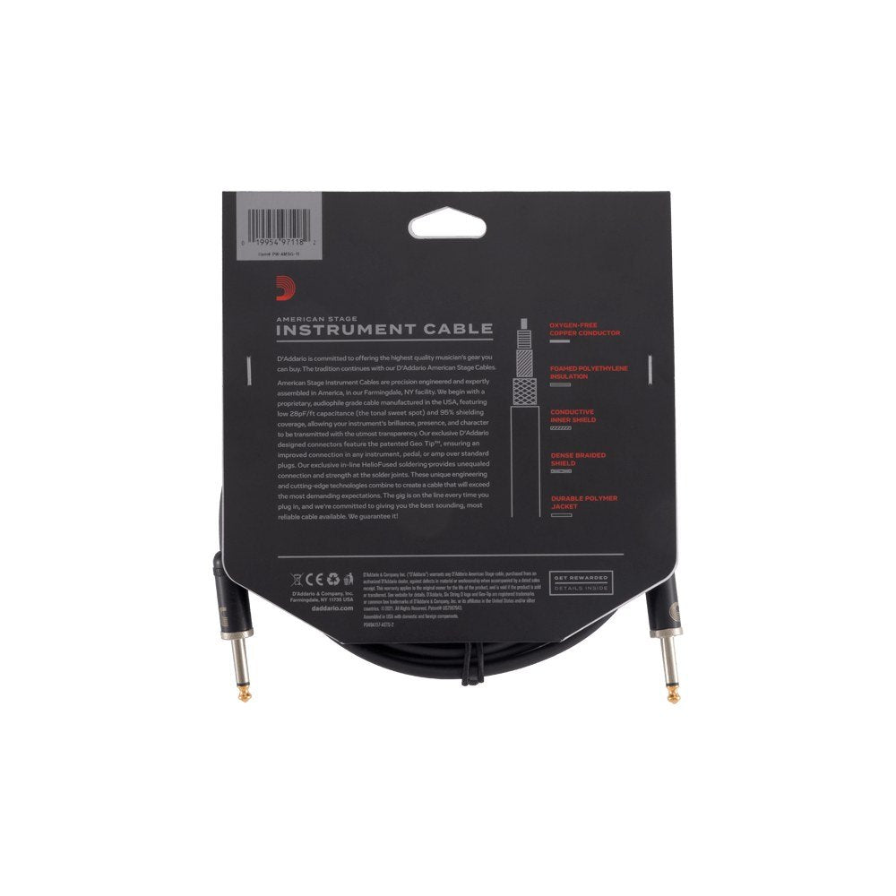 Dây Cáp Guitar D'Addario American Stage PW-AMSG / PW-AMSGRA – 3m (10ft), Thẳng - Thẳng
