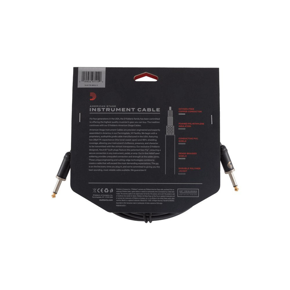 Dây Cáp Guitar D'Addario American Stage PW-AMSG / PW-AMSGRA – 4,6m (15ft), Thẳng - Thẳng