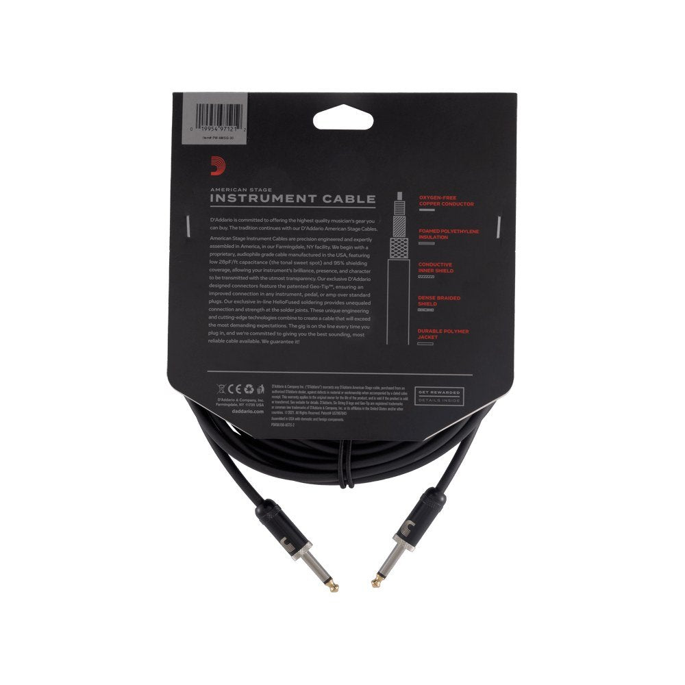 Dây Cáp Guitar D'Addario American Stage PW-AMSG / PW-AMSGRA – 9,1m (30ft), Thẳng - Thẳng