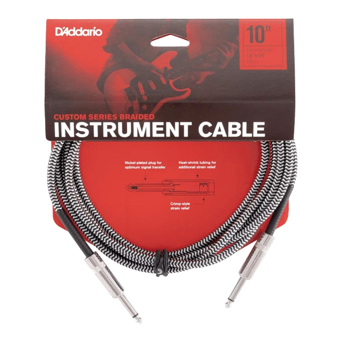 Dây Cáp Guitar D'Addario Braided Instrument Cable PW-BG – 3m (10ft), B&W Tweed