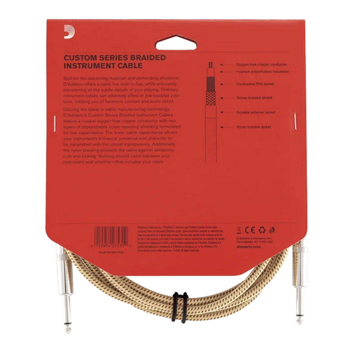 Dây Cáp Guitar D'Addario Braided Instrument Cable PW-BG – 3m (10ft), Tweed