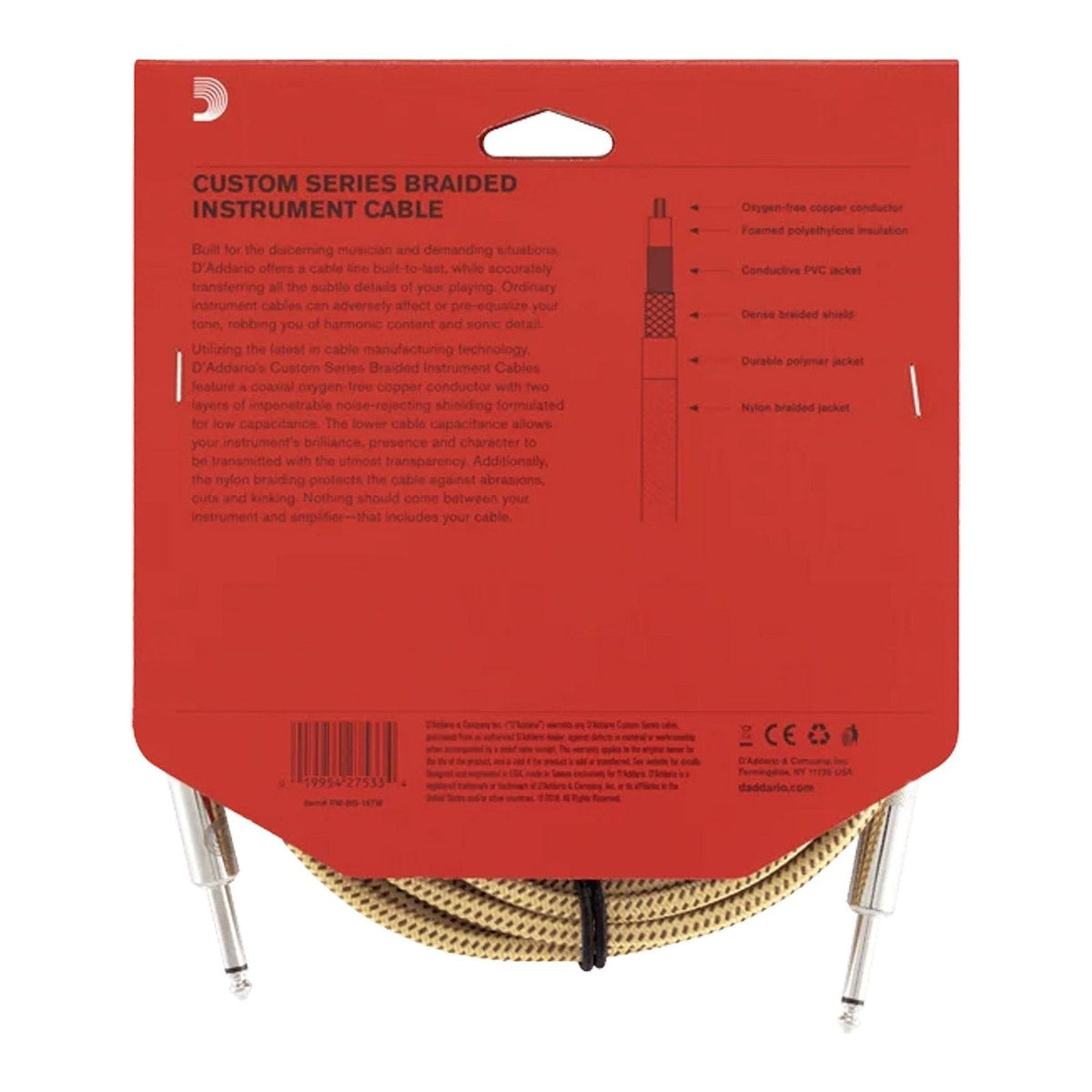 Dây Cáp Guitar D'Addario Braided Instrument Cable PW-BG – 4,6m (15ft), B&W Tweed