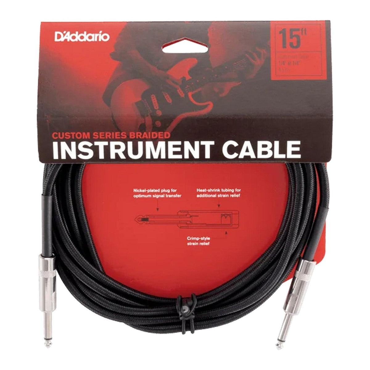 Dây Cáp Guitar D'Addario Braided Instrument Cable PW-BG – 4,6m (15ft), Black Tweed