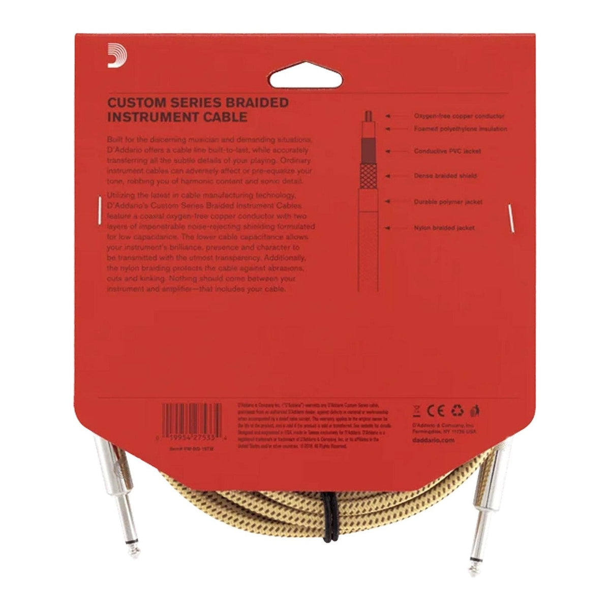 Dây Cáp Guitar D'Addario Braided Instrument Cable PW-BG – 4,6m (15ft), Tweed