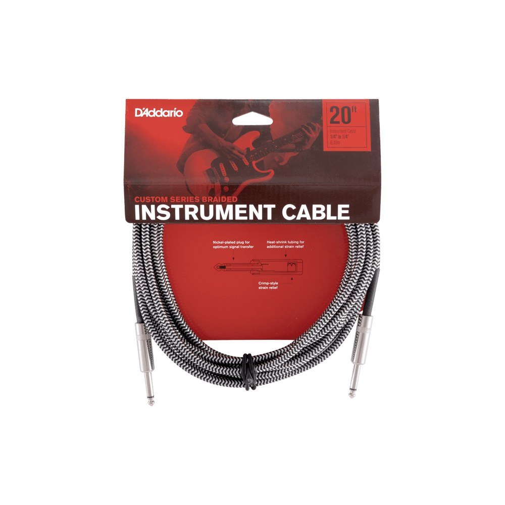 Dây Cáp Guitar D'Addario Braided Instrument Cable PW-BG – 6,1m (20ft), B&W Tweed