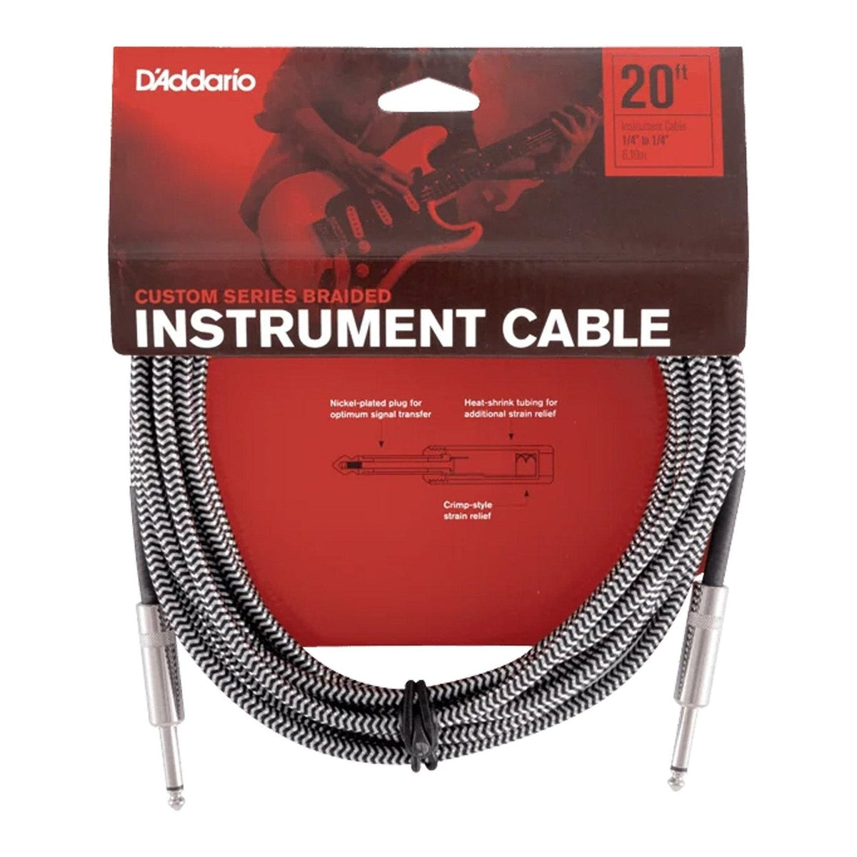 Dây Cáp Guitar D'Addario Braided Instrument Cable PW-BG – 6,1m (20ft), B&W Tweed