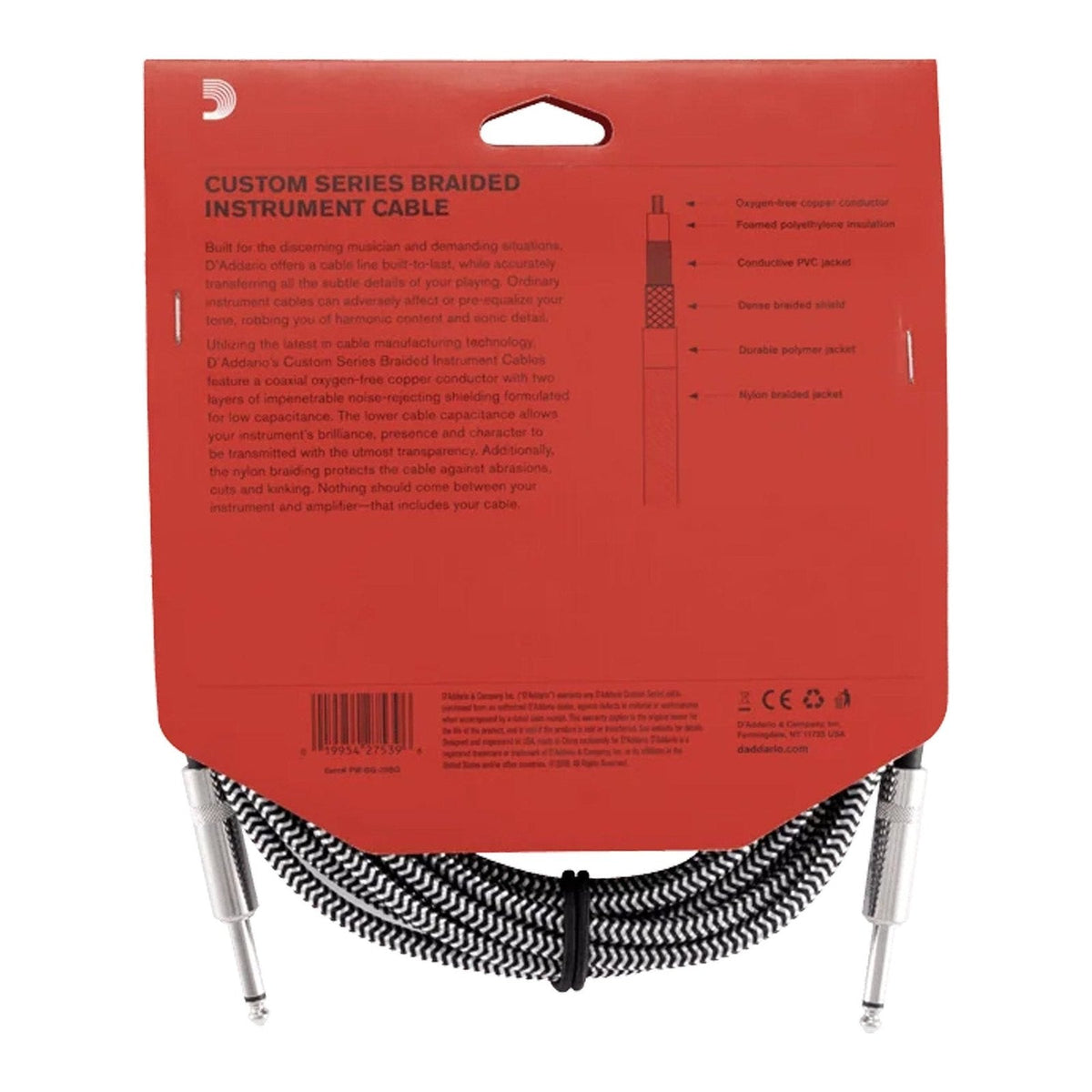 Dây Cáp Guitar D'Addario Braided Instrument Cable PW-BG – 6,1m (20ft), B&W Tweed