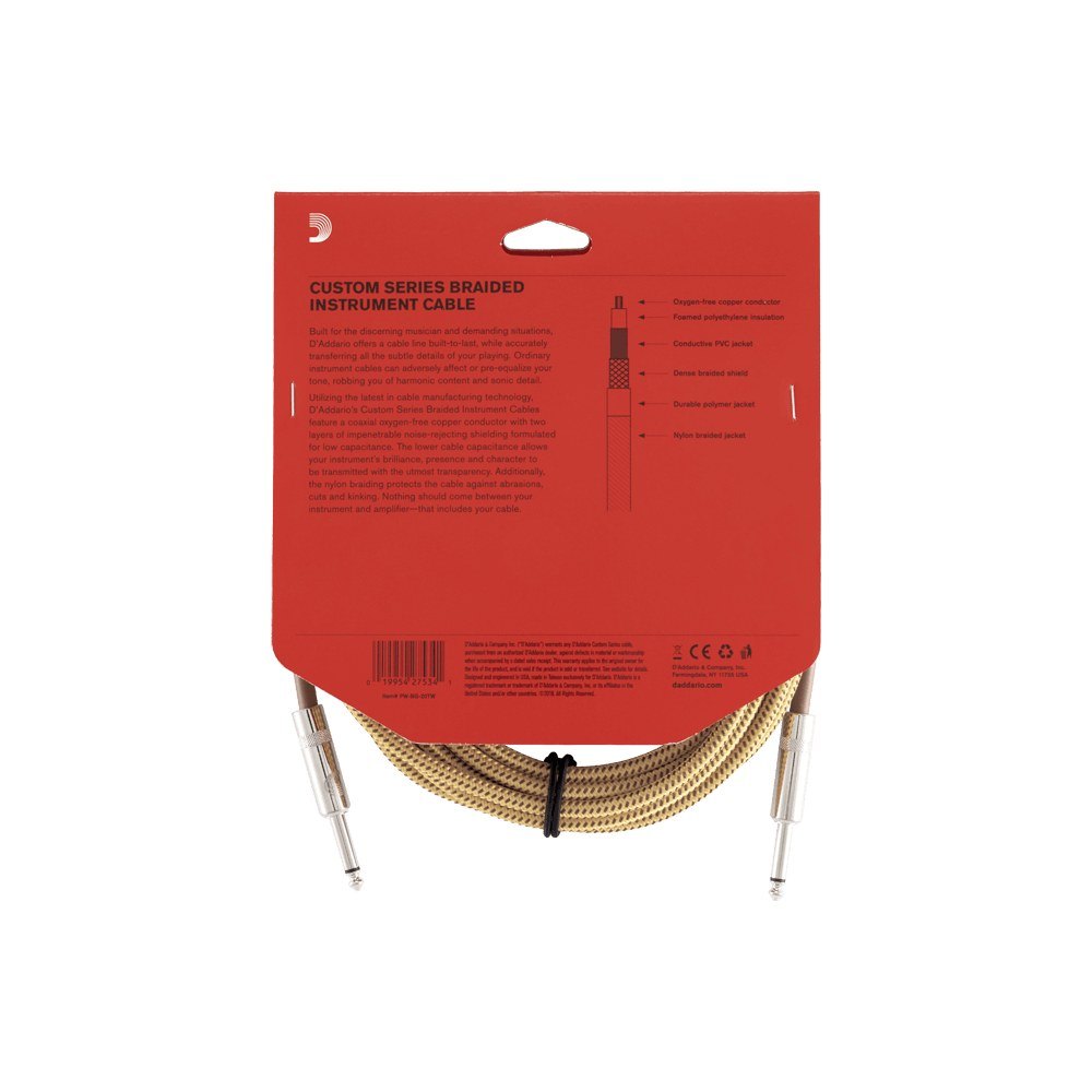 Dây Cáp Guitar D'Addario Braided Instrument Cable PW-BG – 6,1m (20ft), Tweed