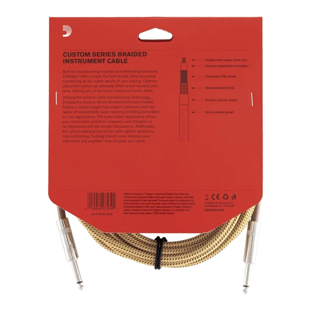 Dây Cáp Guitar D'Addario Braided Instrument Cable PW-BG – 6,1m (20ft), Tweed