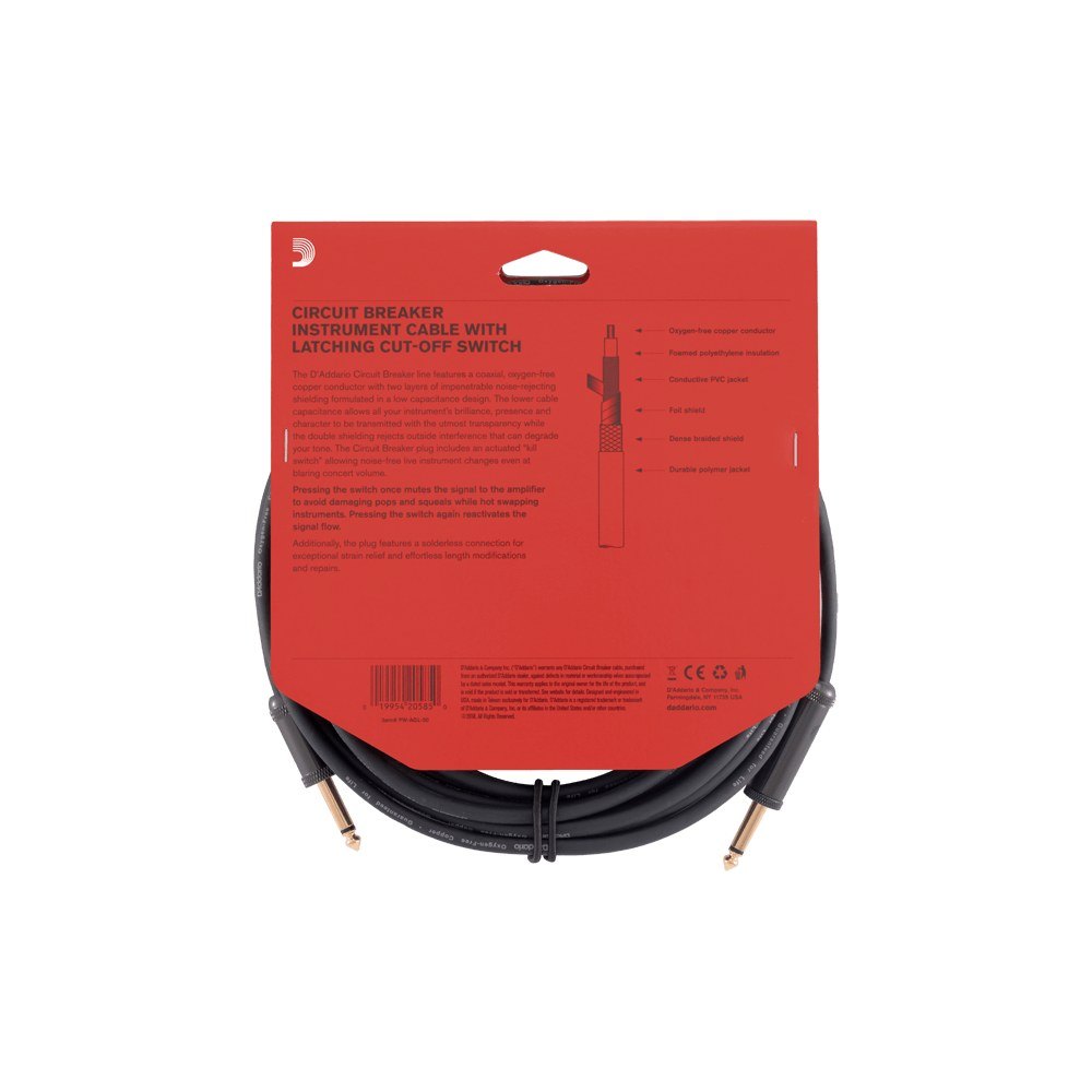 Dây Cáp Guitar D'Addario Circuit Breaker Latching PW-AGL / PW-AGLRA – 9,1m (30ft), Thẳng - Thẳng