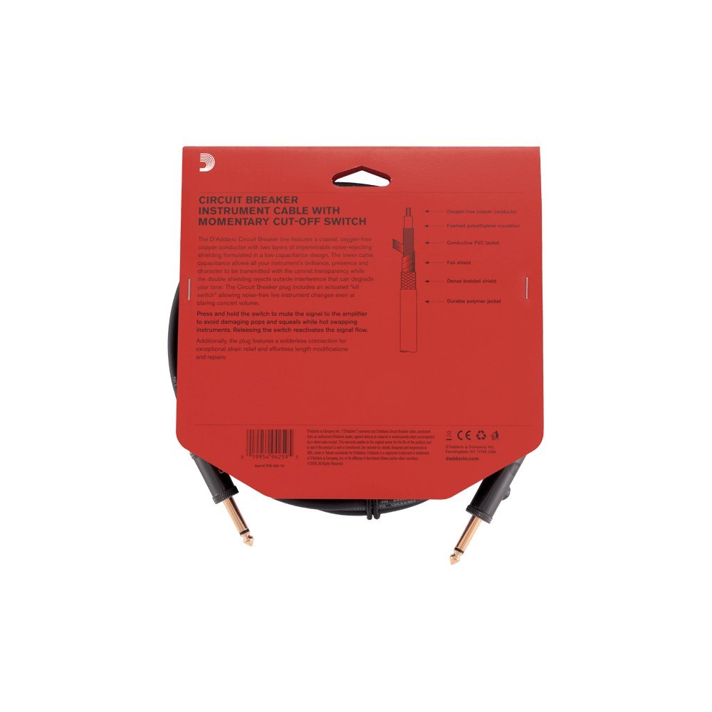 Dây Cáp Guitar D'Addario Circuit Breaker PW-AG / PW-AGRA – 4,6m (15ft), Thẳng - Thẳng