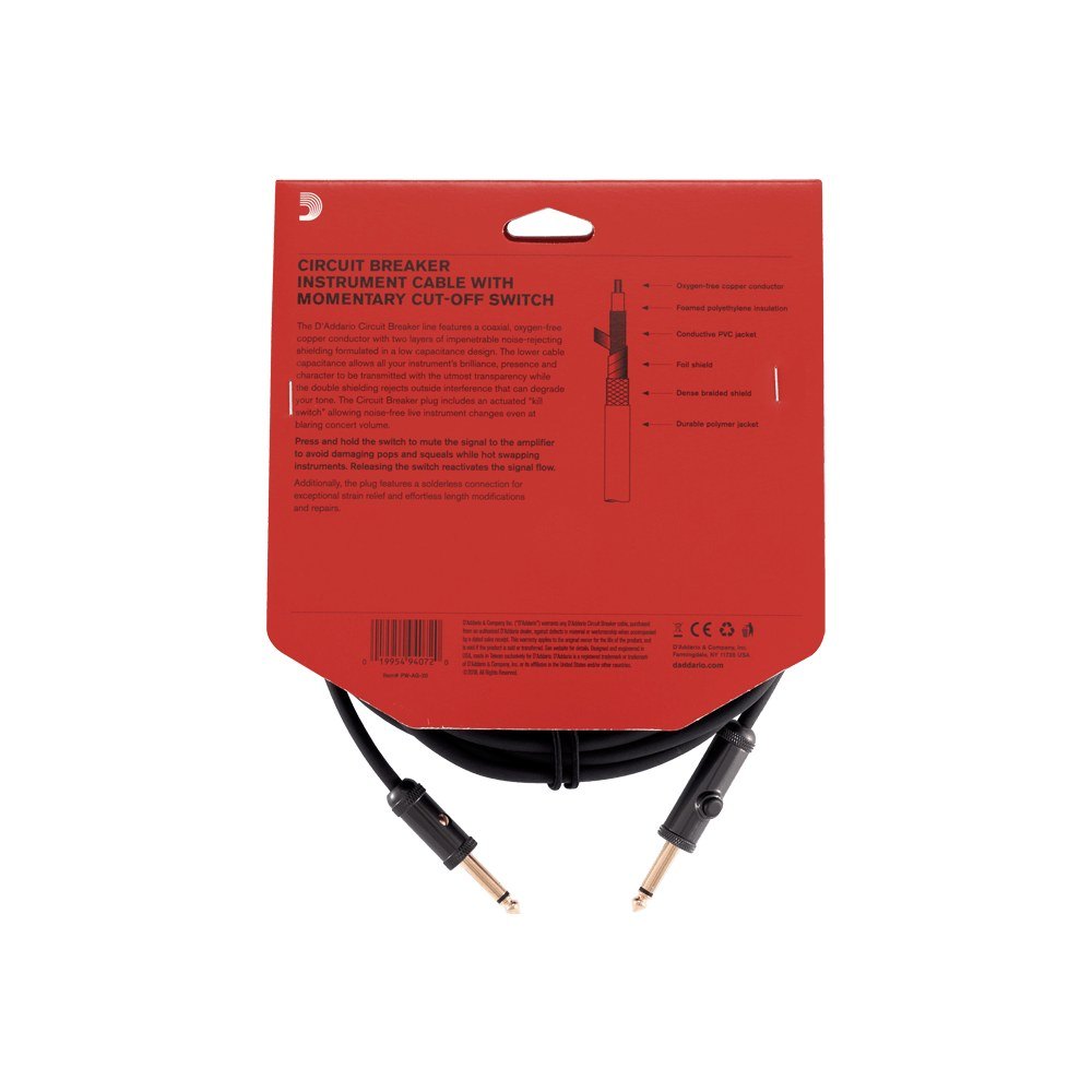 Dây Cáp Guitar D'Addario Circuit Breaker PW-AG / PW-AGRA – 6,1m (20ft), Thẳng - Thẳng