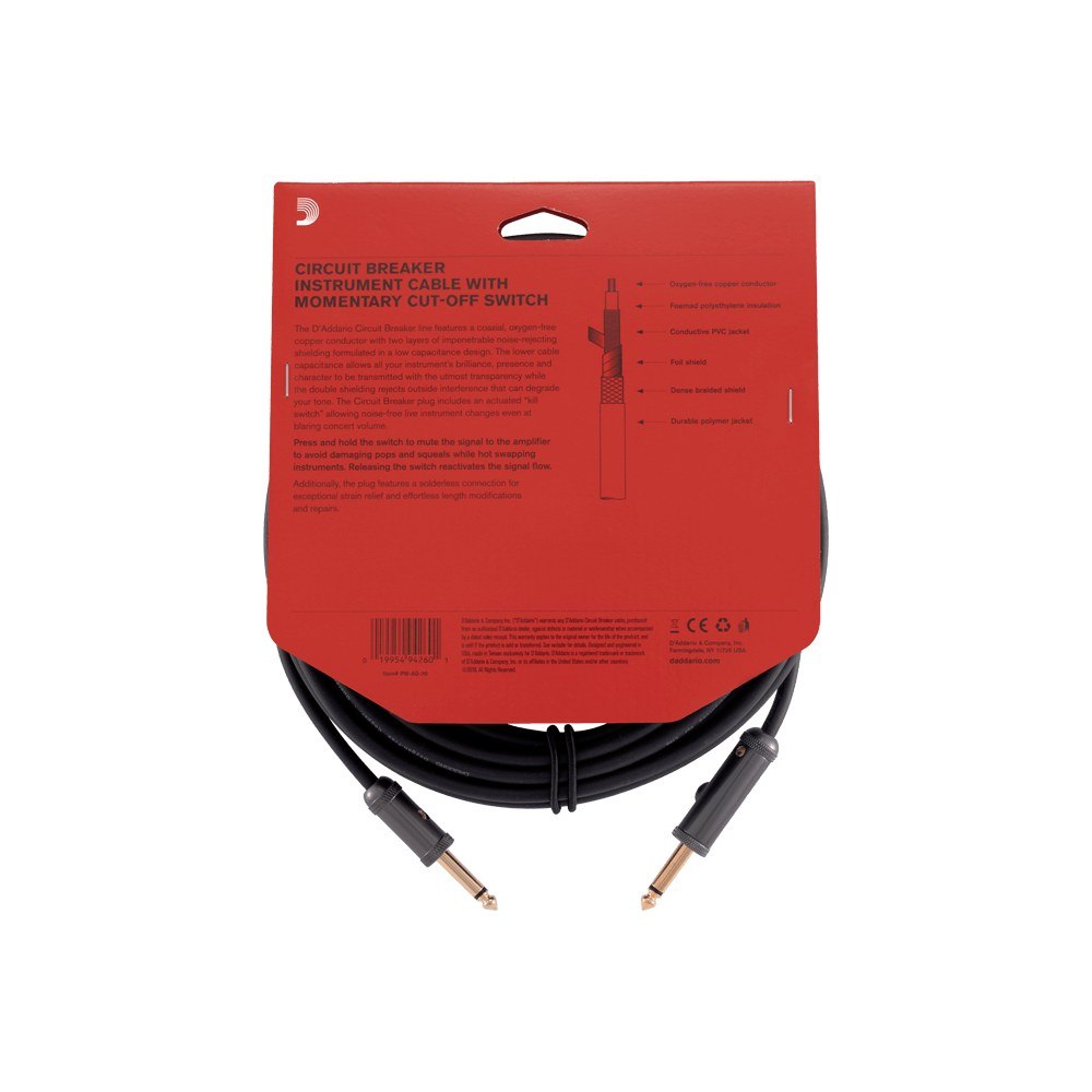 Dây Cáp Guitar D'Addario Circuit Breaker PW-AG / PW-AGRA – 9,1m (30ft), Thẳng - Thẳng