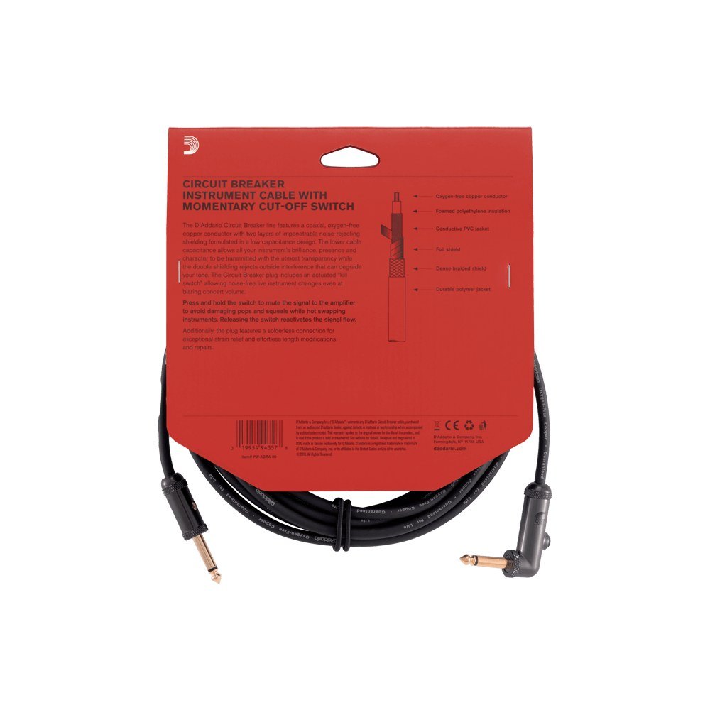 Dây Cáp Guitar D'Addario Circuit Breaker PW-AG / PW-AGRA – 6,1m (20ft), Thẳng - Vuông