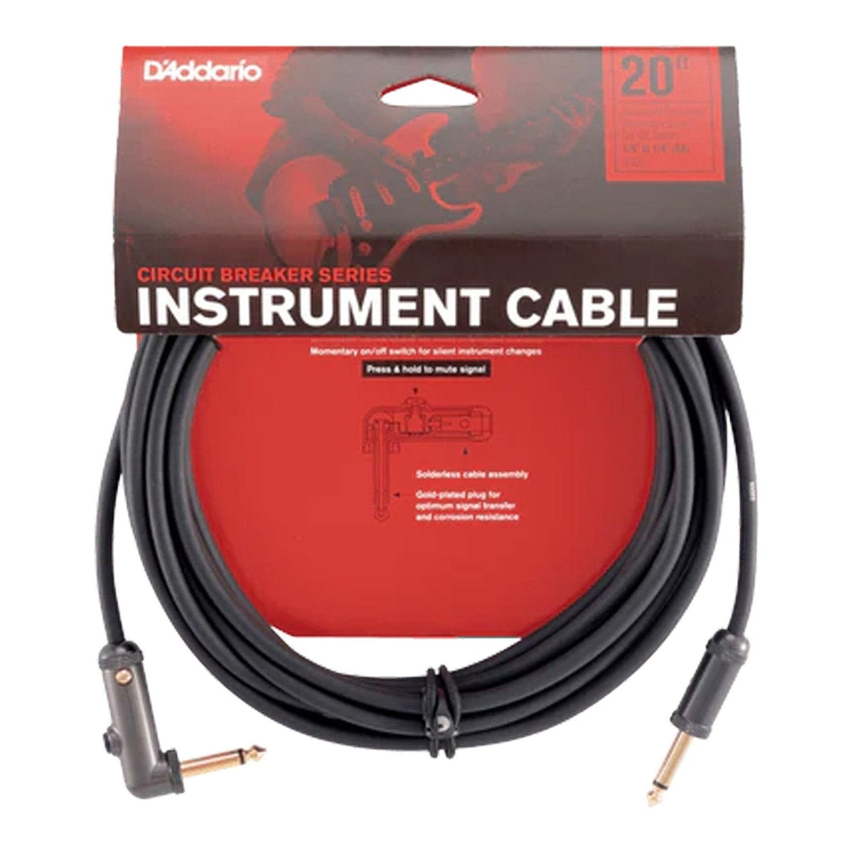 Dây Cáp Guitar D'Addario Circuit Breaker PW-AG / PW-AGRA – 6,1m (20ft), Thẳng - Vuông