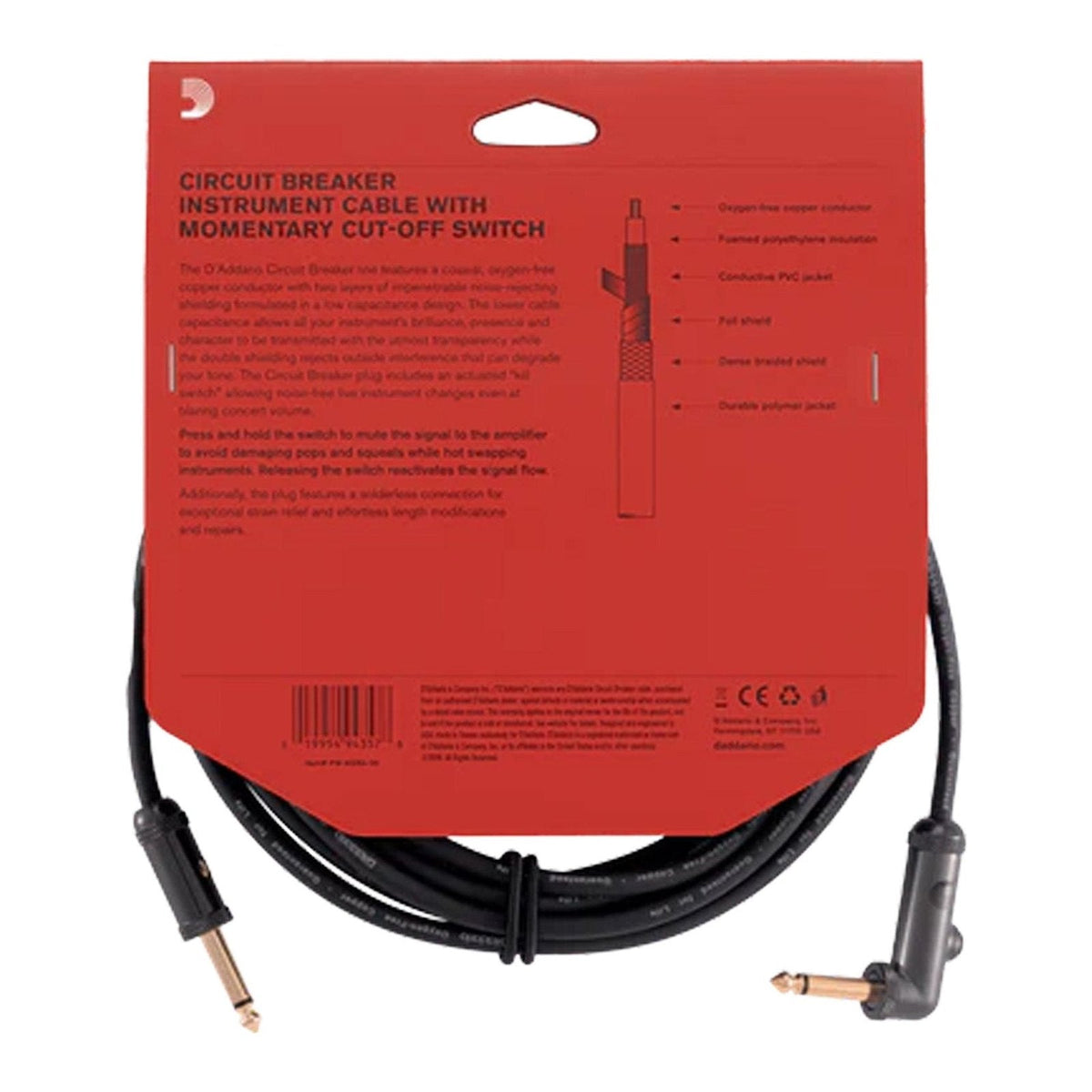 Dây Cáp Guitar D'Addario Circuit Breaker PW-AG / PW-AGRA – 6,1m (20ft), Thẳng - Vuông