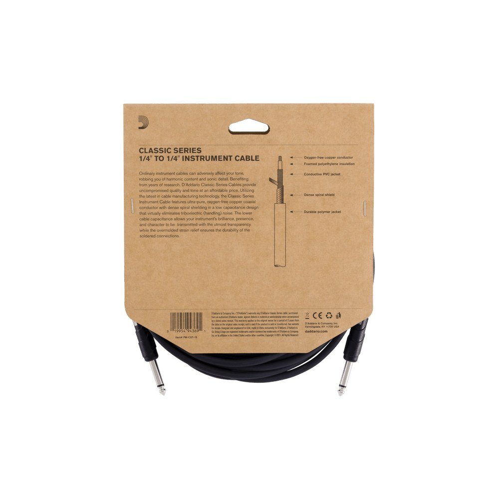 Dây Cáp Guitar D'Addario Classic Series PW-CGT / PW-CGTRA – 4,6m (15ft), Thẳng - Thẳng