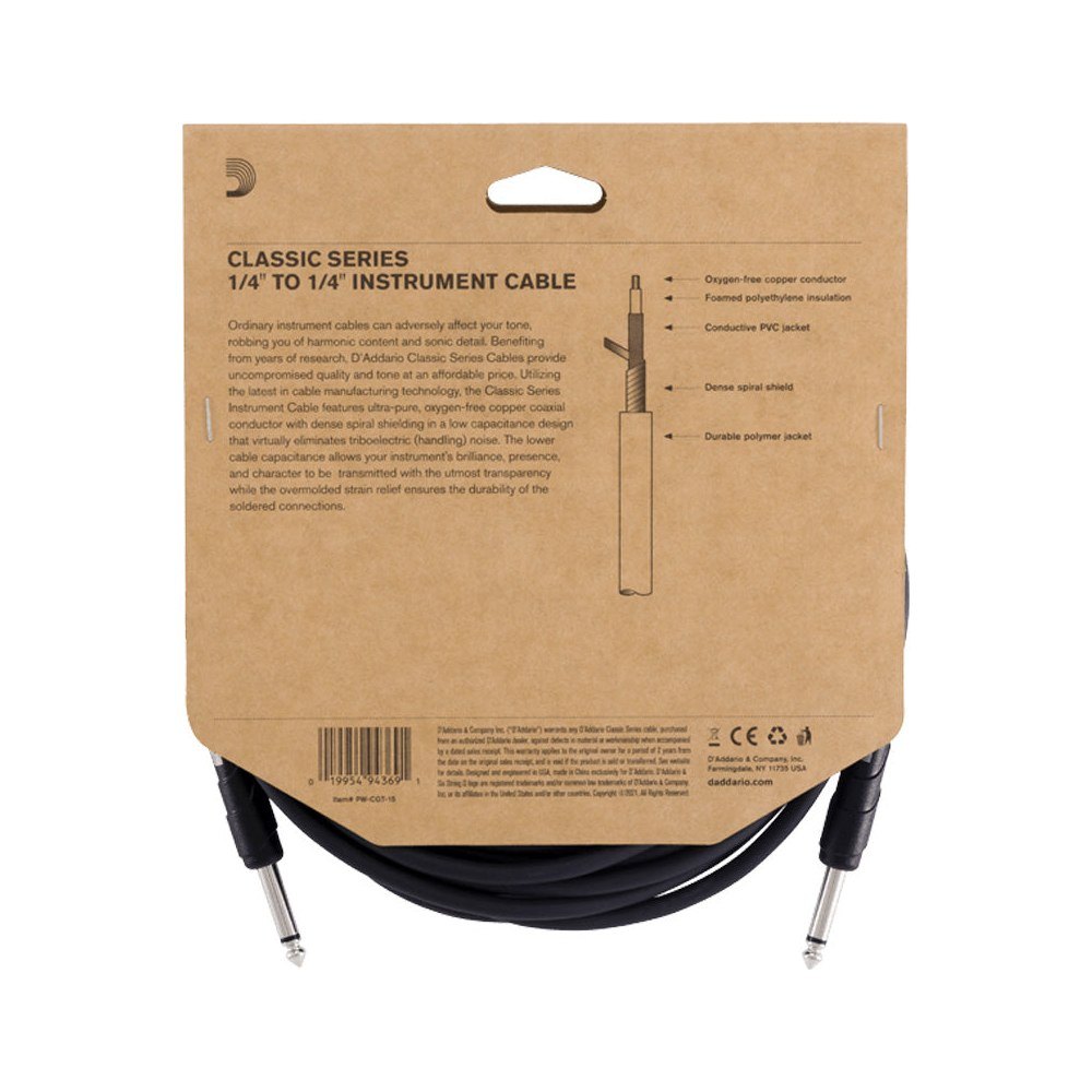 Dây Cáp Guitar D'Addario Classic Series PW-CGT / PW-CGTRA – 4,6m (15ft), Thẳng - Thẳng