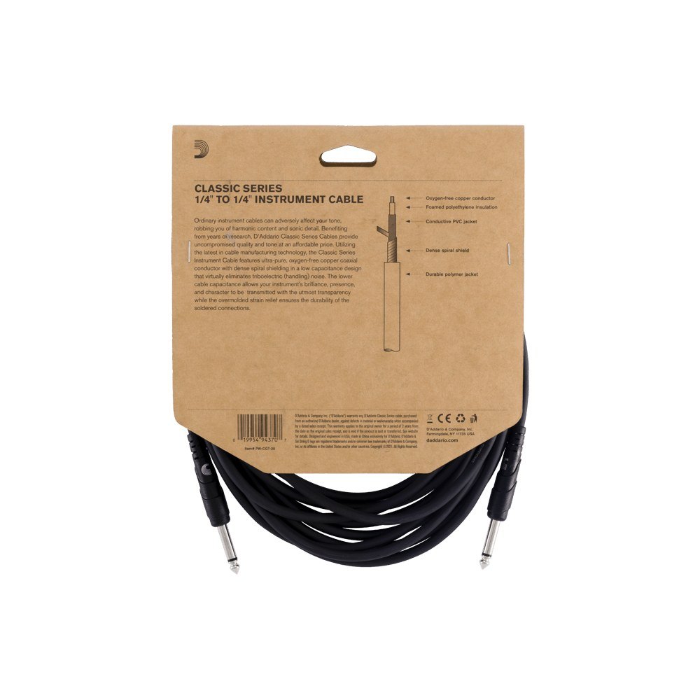 Dây Cáp Guitar D'Addario Classic Series PW-CGT / PW-CGTRA – 6,1m (20ft), Thẳng - Thẳng