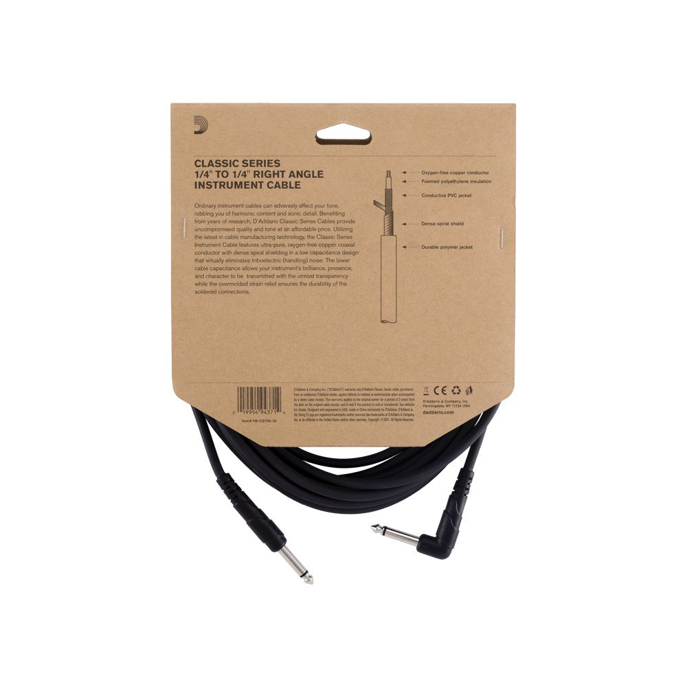 Dây Cáp Guitar D'Addario Classic Series PW-CGT / PW-CGTRA – 6,1m (20ft), Thẳng - Vuông
