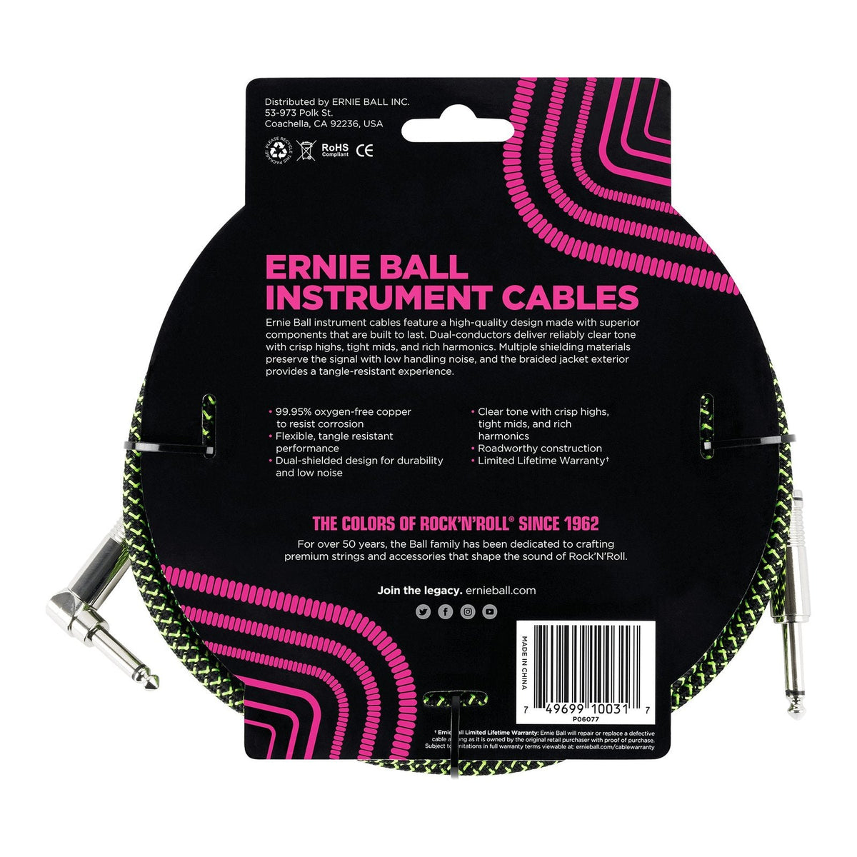 Dây Cáp Guitar Ernie Ball Braided Instrument Cable – Black/Green