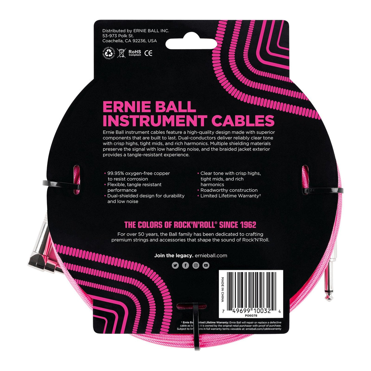 Dây Cáp Guitar Ernie Ball Braided Instrument Cable – Neon Pink