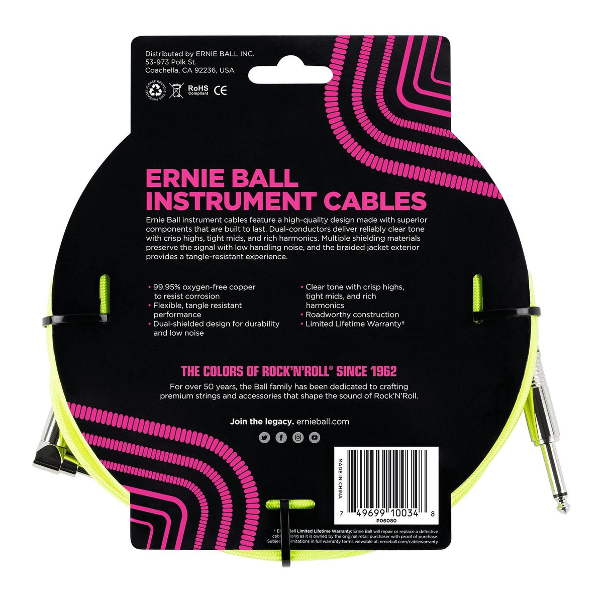 Dây Cáp Guitar Ernie Ball Braided Instrument Cable – Neon Yellow