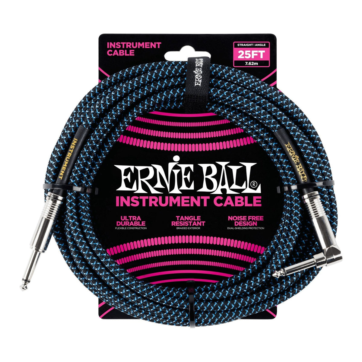 Dây Cáp Guitar Ernie Ball Braided Instrument Cable – 7,6m (25ft), Thẳng - Vuông, Black/Blue