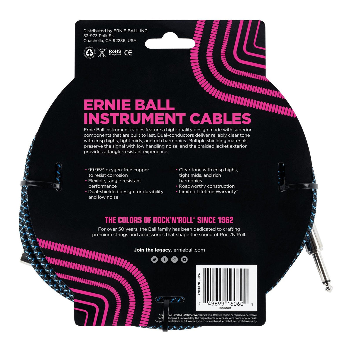 Dây Cáp Guitar Ernie Ball Braided Instrument Cable – 7,6m (25ft), Thẳng - Vuông, Black/Blue