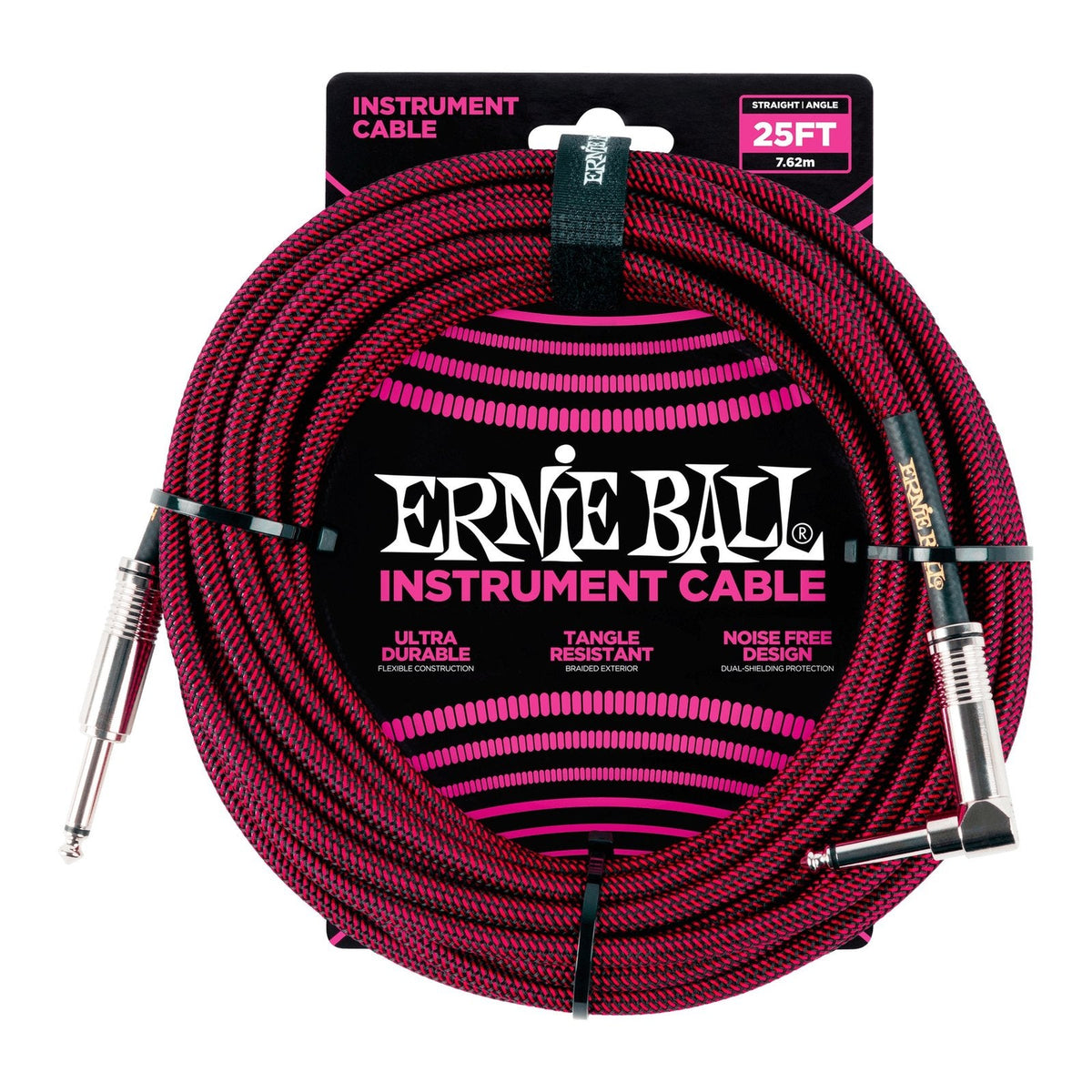 Dây Cáp Guitar Ernie Ball Braided Instrument Cable – 7,6m (25ft), Thẳng - Vuông, Black/Red