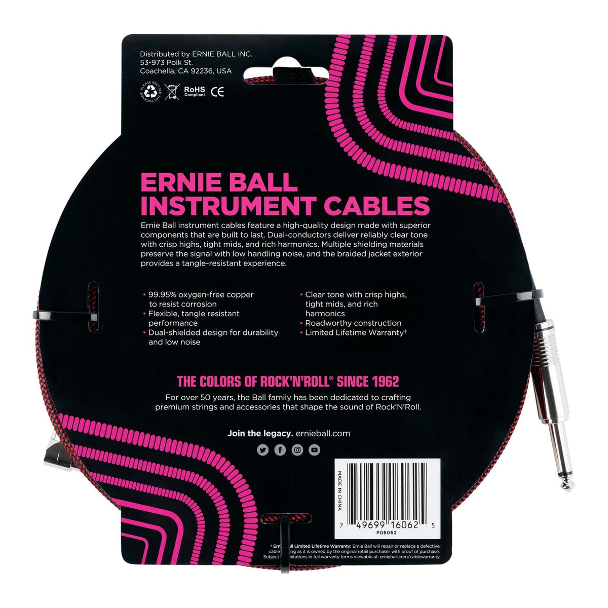 Dây Cáp Guitar Ernie Ball Braided Instrument Cable – 7,6m (25ft), Thẳng - Vuông, Black/Red